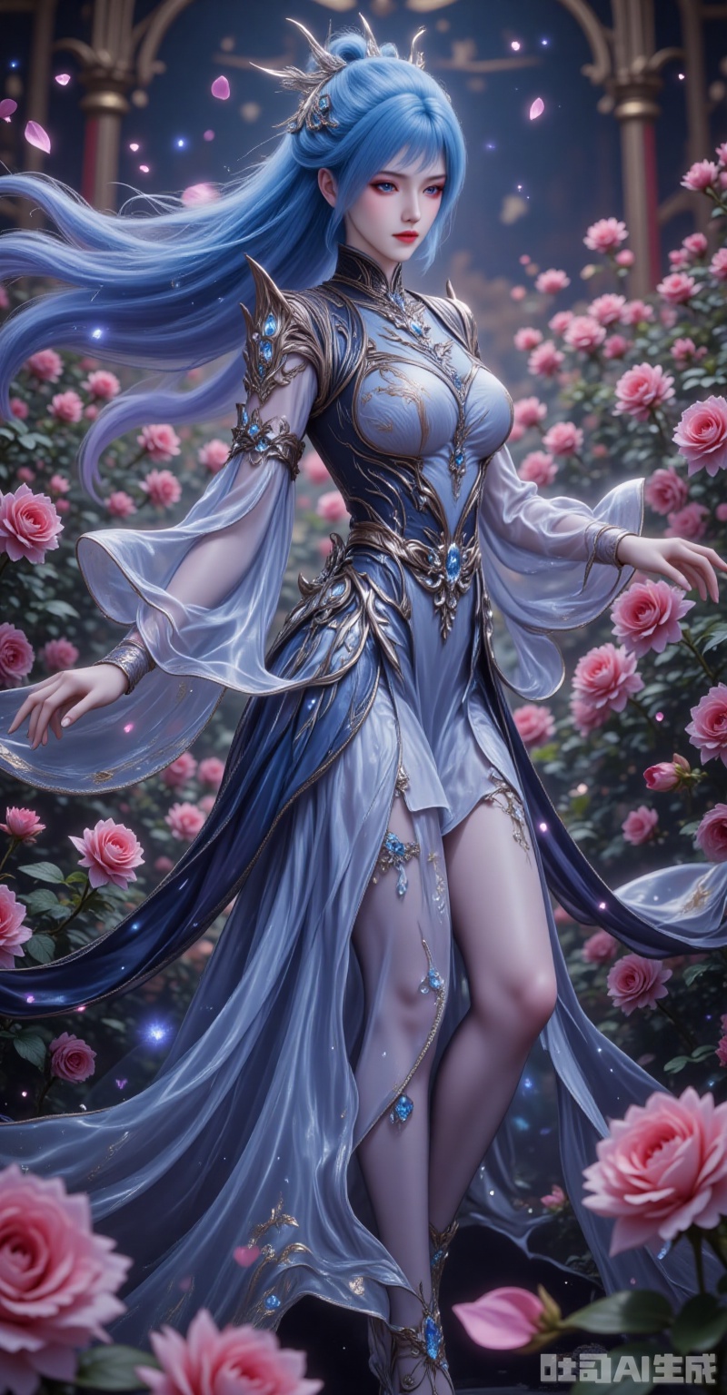 This mesmerizing 8K portrait captures an ethereal blue-haired goddess dancing amidst a sea of blooming roses. Her cascading azure tresses shimmer with an iridescent pearl-like luster, adorned with delicate silver ornaments that sway like moonlit sprites with each graceful movement. Those enigmatic gray eyes, glowing with a subtle pink radiance, captivate the viewer, while her glistening ruby lips - reminiscent of deep-sea coral - create a striking contrast against her blue locks.

The exquisitely crafted traditional gown showcases her divine silhouette, with flowing black patterns swirling like ocean currents across the skirt, their embedded sapphires refracting mysterious hues with every twirl. The billowing sleeves - a harmonious blend of sheer chiffon and luxurious brocade - undulate like ocean waves, their diamond-studded hems tracing celestial arcs that sparkle in the twilight.

In this extravagant rose garden, countless crimson blossoms burst into full bloom, creating a tempest of petals that frame her enchanting performance. Shot from a dramatic low angle with exquisite backlighting, every element conspires to compose a visual symphony where the depths of the ocean meet the fire of roses. The breathtaking 8K resolution captures each falling petal, each sparkling gemstone, transforming this fleeting moment into an eternal vision of sublime beauty. lvjing,tangwutong,
