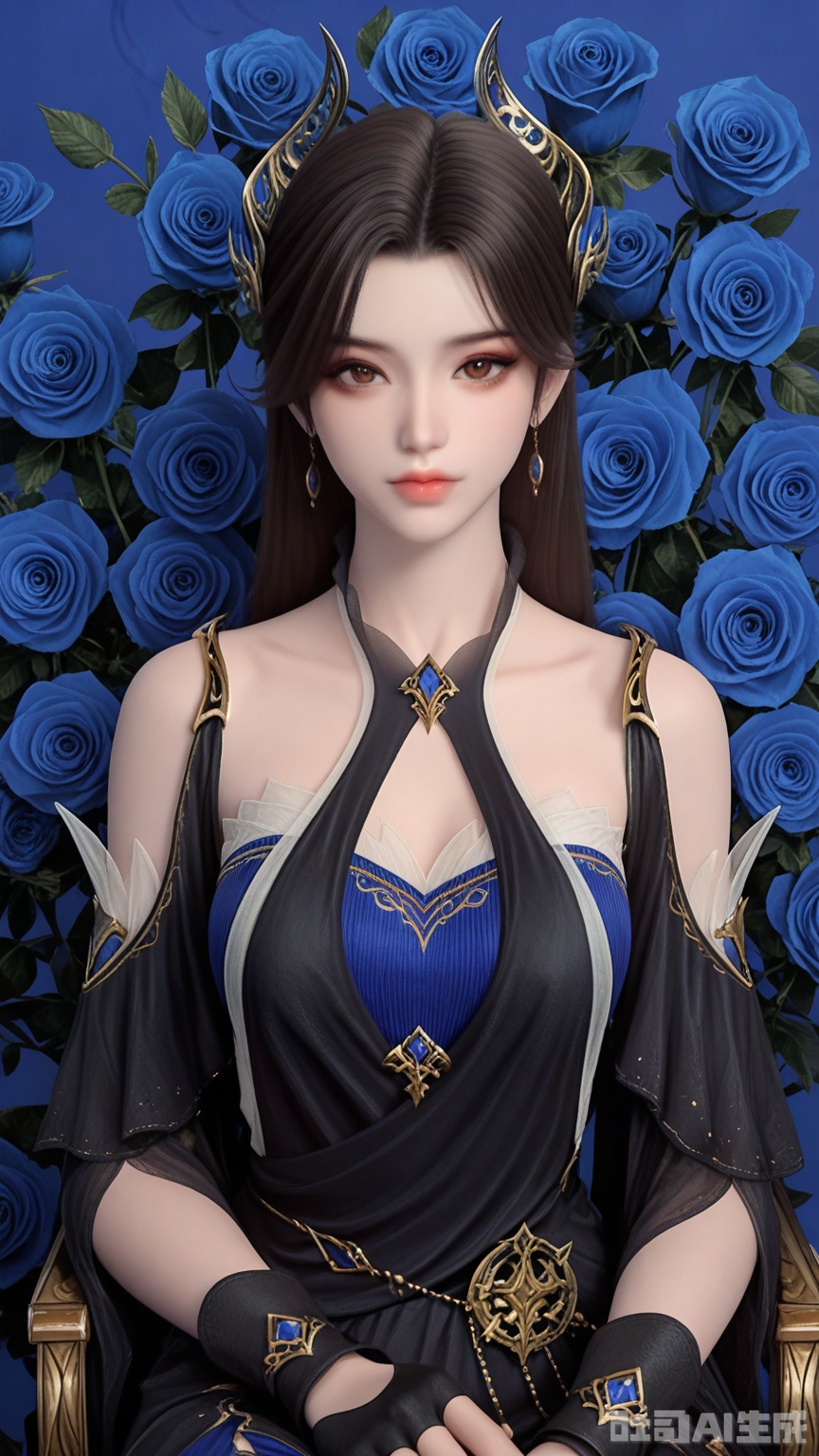 general, sfw, (Best quality, masterpiece, exquisite skin), (Solid Glossy and Blue rose background), 1woman, Dark brown eyes, solo, breast, looking at viewer, sitting