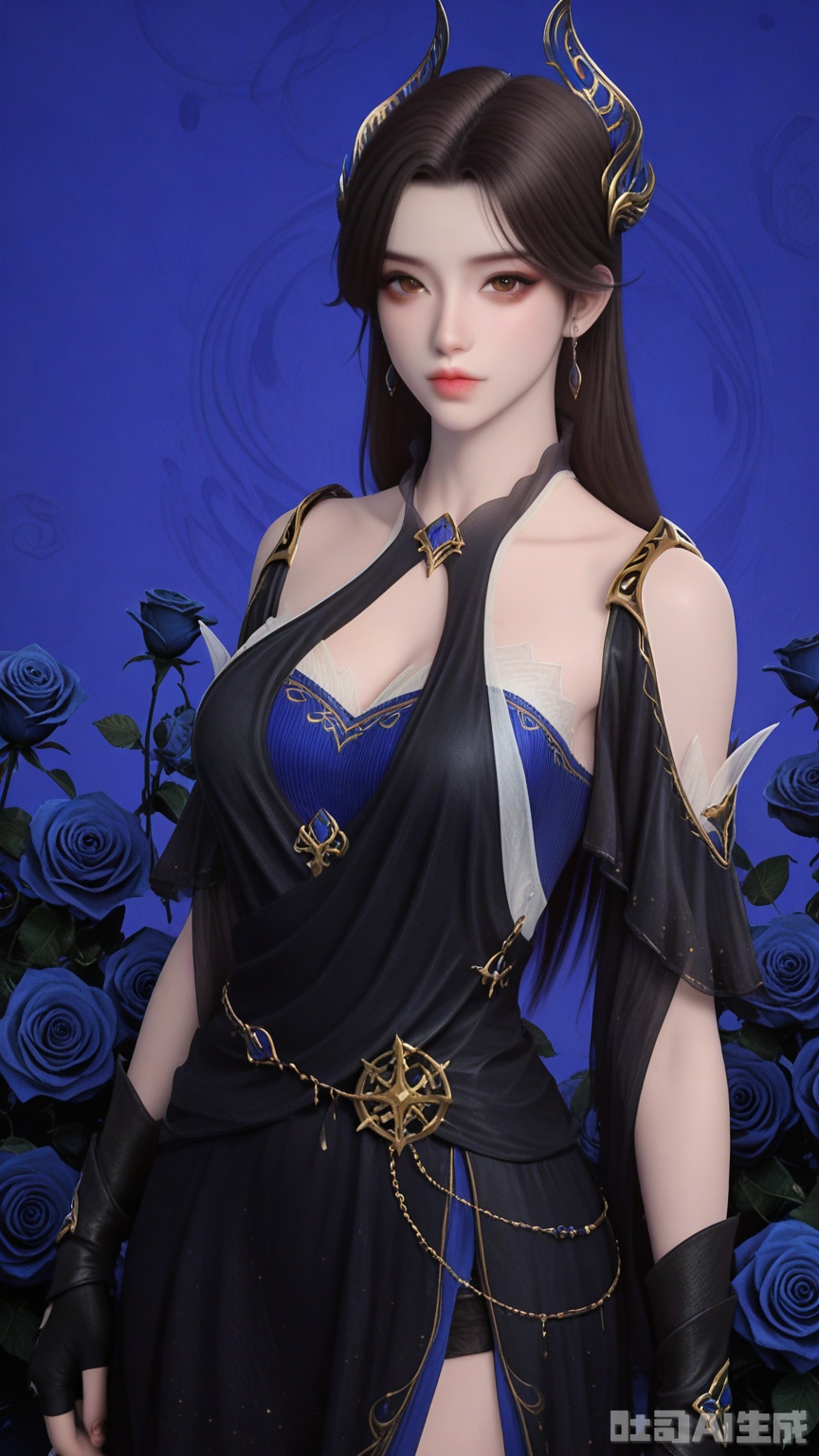 general, sfw, (Best quality, masterpiece, exquisite skin), (Solid Glossy and Blue rose background), 1woman, Dark brown eyes, solo, breast, looking at viewer, cowboy_shot