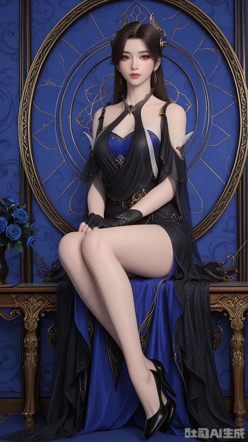 general, sfw, (Best quality, masterpiece, exquisite skin), (Solid Glossy and Blue rose background), 1woman, Dark brown eyes, solo, breast, looking at viewer, sitting, high heels