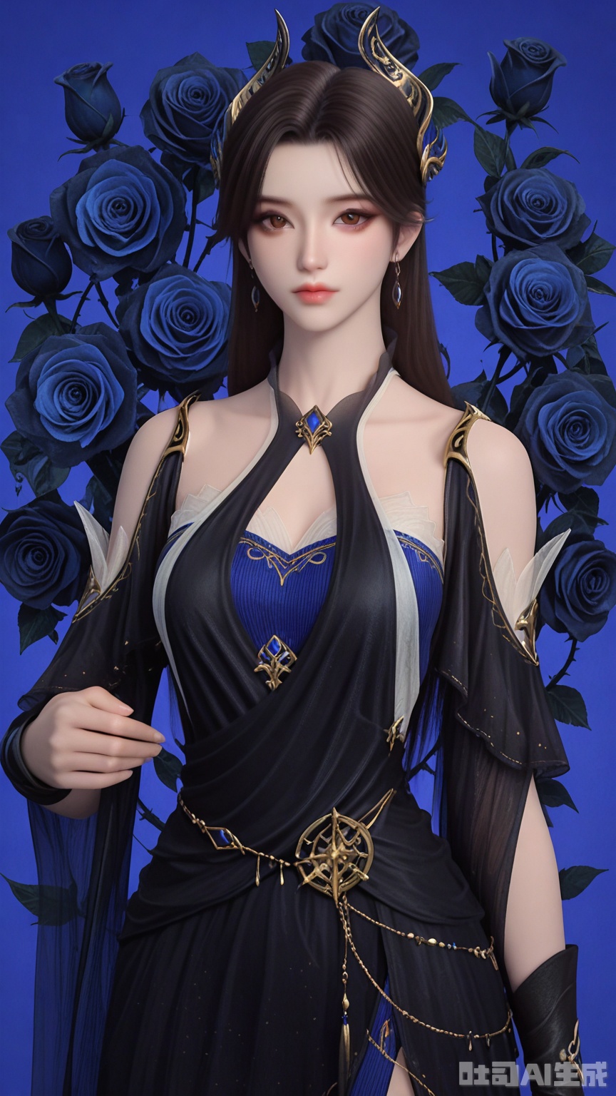 general, sfw, (Best quality, masterpiece, exquisite skin), (Solid Glossy and Blue rose background), 1woman, Dark brown eyes, solo, breast, looking at viewer, cowboy_shot