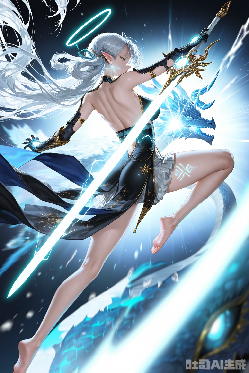 leurdelys\(wuthering waves\),fleurdelys\(wuthering waves\),1girl,solo,halo,long hair,pointy ears,earrings,blue eyes,very long hair,grey hair,dress,gloves,back,bare shoulders,black gloves,from behind,black dress,gauntlets,bare legs,barefoot,sword,holding weapon,holding sword,dynamic pose,dragon,electricity,jinhsi,1girl,jewelry,long hair,backlighting,water,(glowing:1.8),fighting stance,blue and white theme,depth of field,cinematic lighting,light particles,lens flare,(artist:quasarcake:0.8),extreme aesthetic,(wlop:0.6),masterpiece,best quality,good quality,newest,year 2024,year 2023,very aesthetic,absurdres,Visual impact,A shot with tension,ultra-high resolution,32K UHD,sharp focus,best-quality,masterpiece,Emotionalization,unconventional supreme masterpiece,masterful details,temperate atmosphere,with a high-end texture,in the style of fashion photography,(Visual impact:1.2),giving the poster a dynamic and visually striking appearance,impactful picture,offcial art,colorful,splash of color,movie perspective,masterpiece,best quality,amazing quality,very aesthetic,absurdres,best quality,newest,