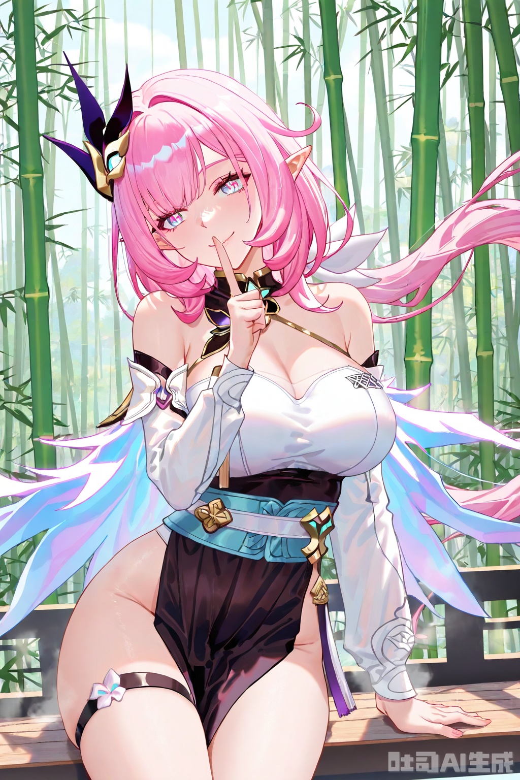 ALCY,1 girl,braid,Hanfu,sash,feather robe,detached sleeves,long sleeves,thigh straps,hair ornament,pink eyes,long hair,Elysia (Honkai Impact),single hair ring,steam,beautiful eyes,bamboo forest,masterpiece,((artist: reoen), (artist: fuzichoco), (artist: atdan), (artist: torino_aqua), year 2024:0.8),1 girl,[artist: wlop],[artist: ningen_mame],artist: ciloranko,smile,(using one finger to support the mouth:1.2),(gazing straight ahead:1.2),