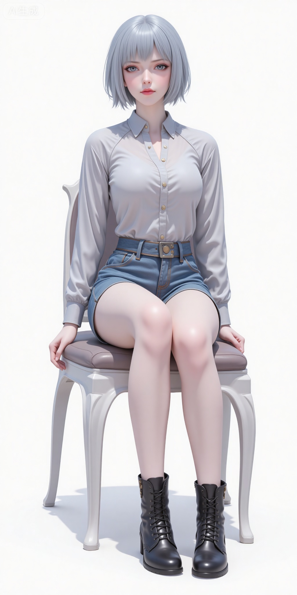 baiyuekui,short hair,white hair,lips,grey eyes,grey hair,blue eyes,shirt,legs,long legs,shorts,boots,sitting,chair,
 white_background,simple_background,pifu,guanghuapifu,liushen,lvjing,lvjing,