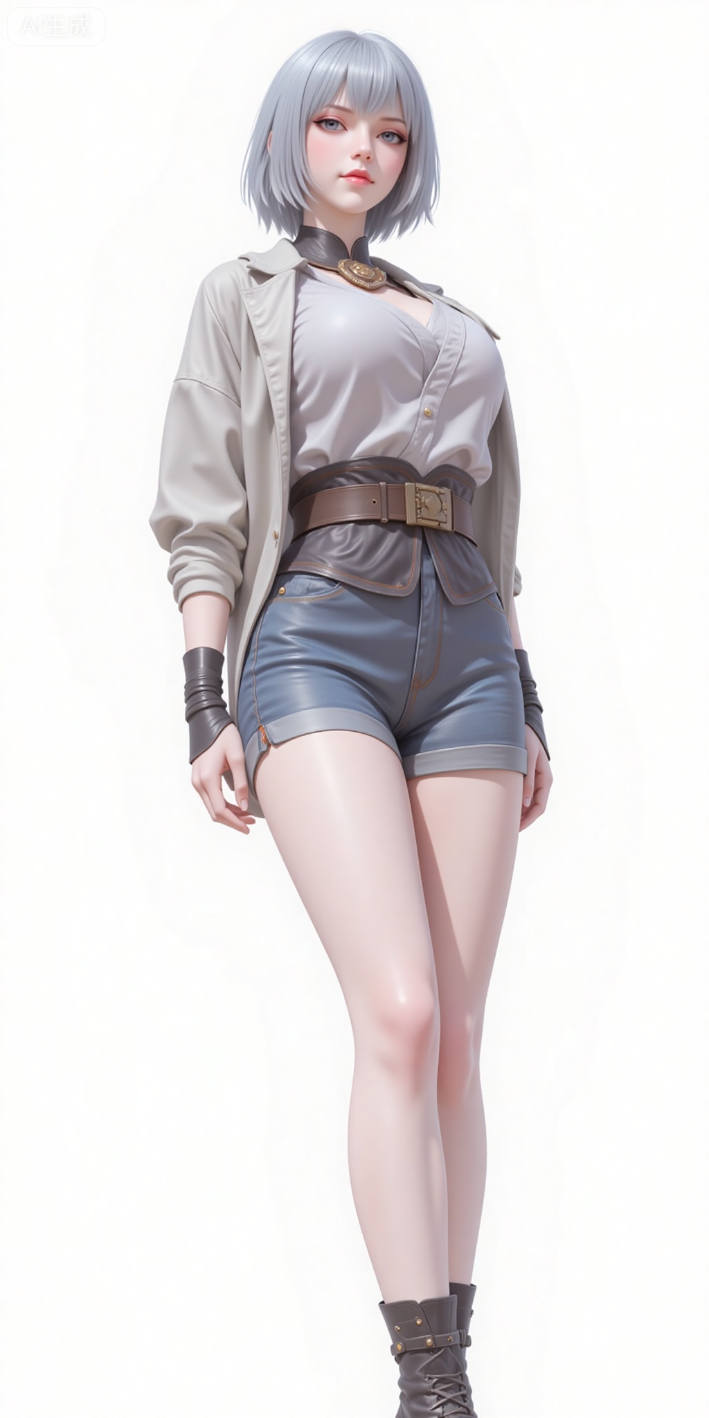 baiyuekui,short hair,white hair,lips,grey eyes,grey hair,blue eyes,shirt,legs,long legs,shorts,boots,
 white_background,simple_background,pifu,guanghuapifu,liushen,lvjing,lvjing,