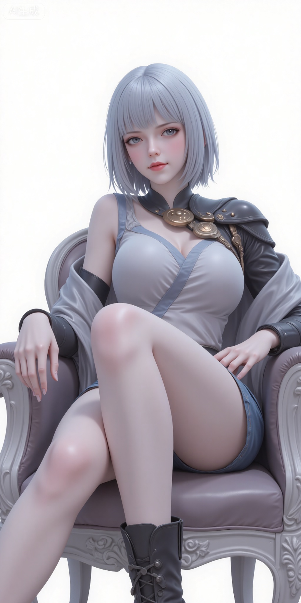 baiyuekui,short hair,white hair,lips,grey eyes,grey hair,blue eyes,shirt,legs,long legs,shorts,boots,sitting,chair,
 white_background,simple_background,pifu,guanghuapifu,liushen,lvjing,lvjing,