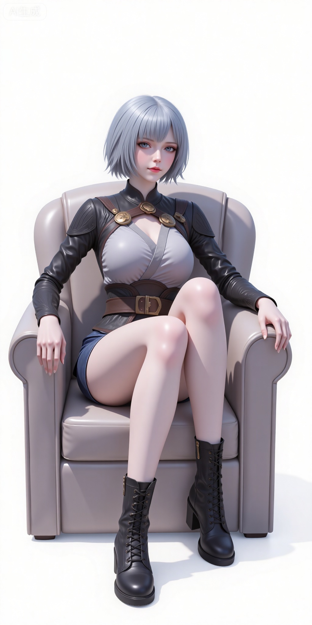 baiyuekui,short hair,white hair,lips,grey eyes,grey hair,blue eyes,shirt,legs,long legs,shorts,boots,sitting,chair,
 white_background,simple_background,pifu,guanghuapifu,liushen,lvjing,lvjing,
