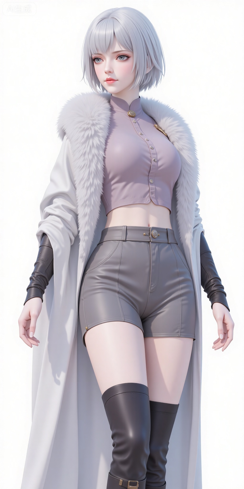 baiyuekui,short hair,white hair,lips,grey eyes,grey hair,blue eyes,shirt,legs,long legs,shorts,boots,
 white_background,simple_background,pifu,guanghuapifu,liushen,lvjing,lvjing,