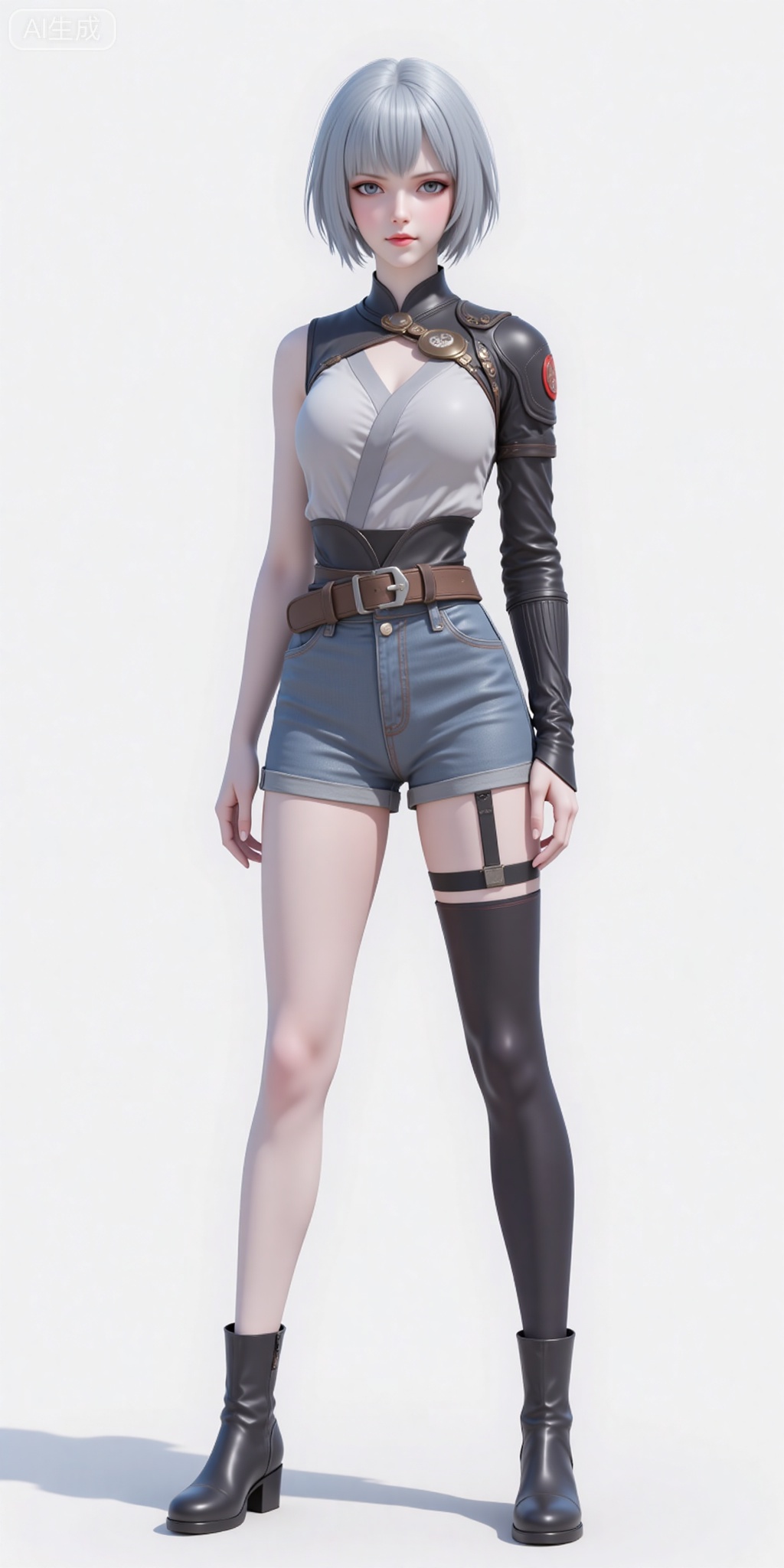 baiyuekui,short hair,white hair,lips,grey eyes,grey hair,blue eyes,shirt,legs,long legs,shorts,boots,
 white_background,simple_background,pifu,guanghuapifu,liushen,lvjing,lvjing,