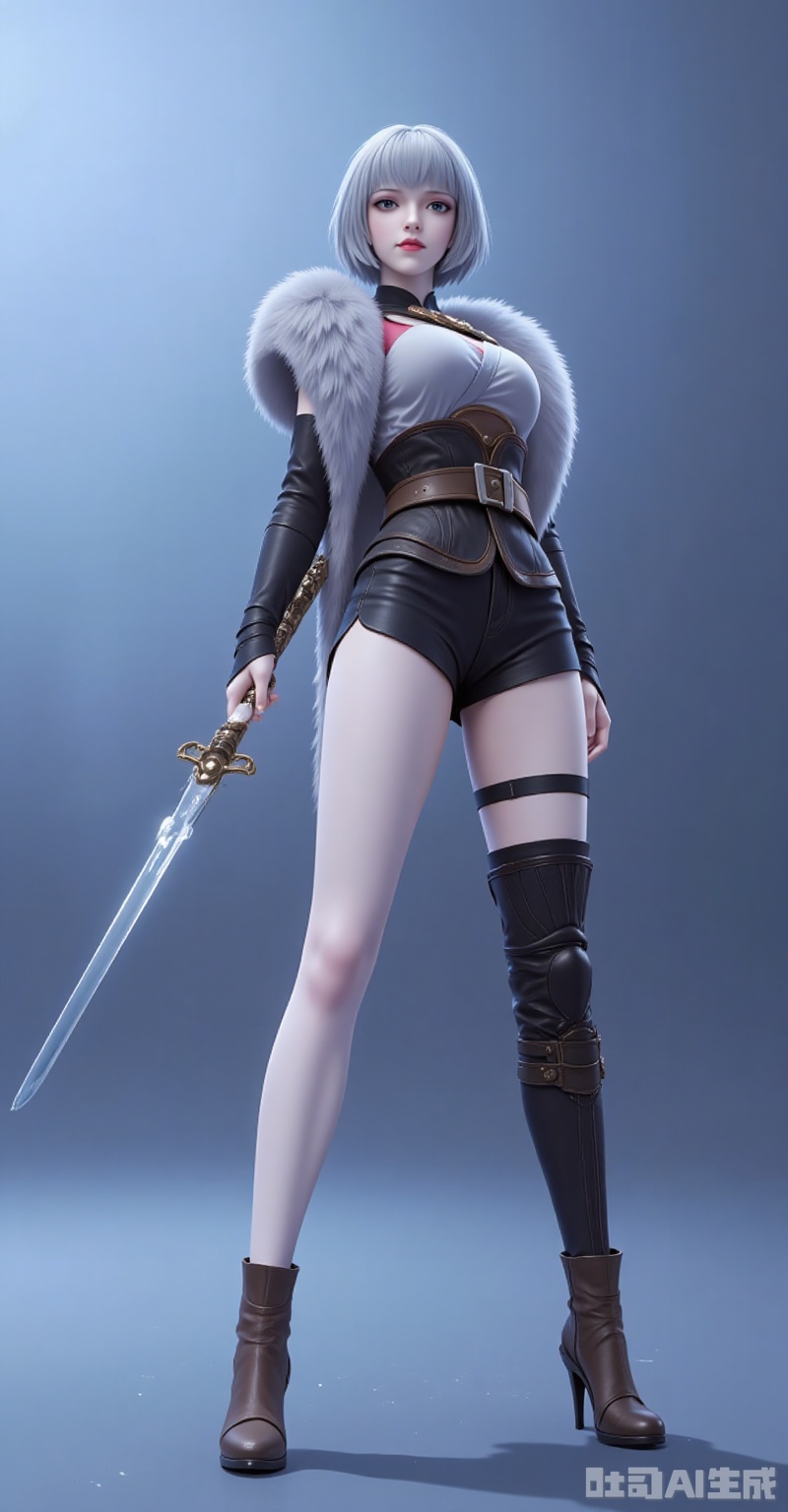 baiyuekui,short hair,white hair,lips,grey eyes,grey hair,blue eyes,1girl,weapon,sword,holding sword,solo,holding weapon,high heels,thighhighs,holding,single thighhigh,breasts,thigh strap,shorts,boots,fur trim,black shorts,standing,belt,short hair,black hair,full body,brown footwear,large breasts,16,cover,gradient background,close-up details,outstanding style,adding a touch of dimension to your imags without compromising details,close-up, lvjing,