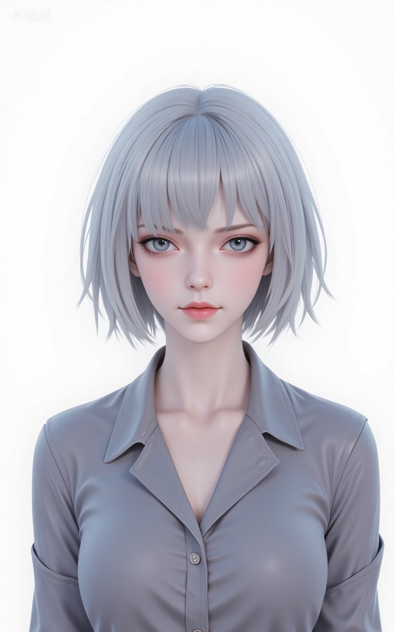 baiyuekui,short hair,white hair,lips,grey eyes,grey hair,blue eyes,shirt,(upper_body:1.2),
 white_background,simple_background,pifu,guanghuapifu,liushen,lvjing,lvjing,
