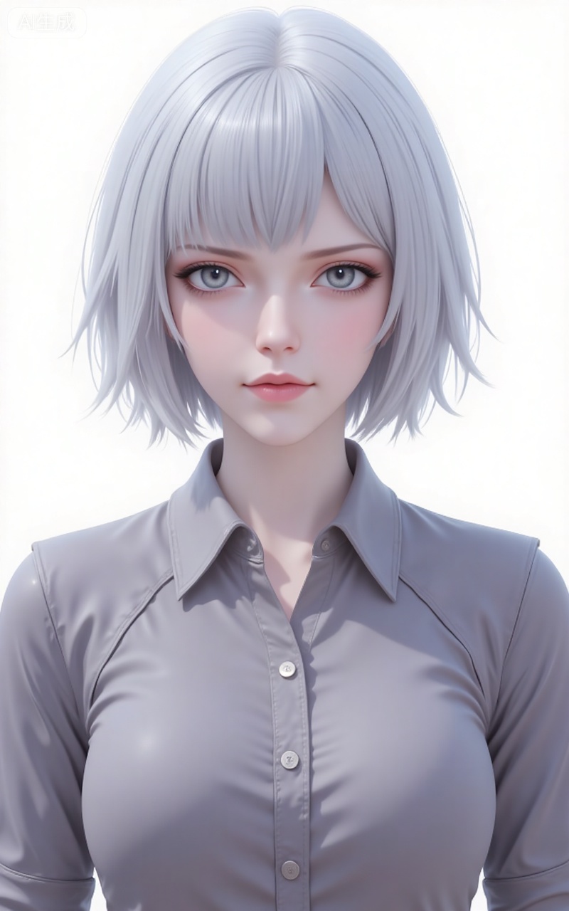 baiyuekui,short hair,white hair,lips,grey eyes,grey hair,blue eyes,shirt,(upper_body:1.2),
 white_background,simple_background,pifu,guanghuapifu,liushen,lvjing,lvjing,