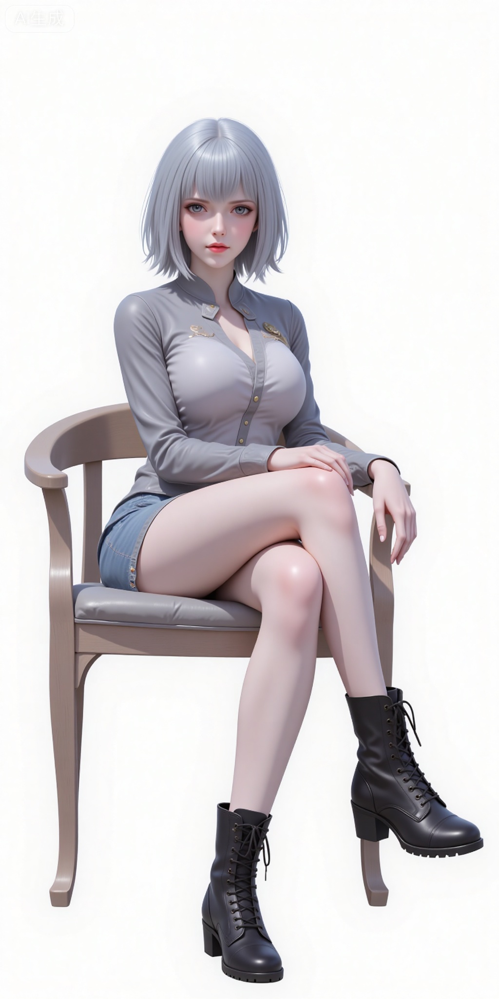 baiyuekui,short hair,white hair,lips,grey eyes,grey hair,blue eyes,shirt,legs,long legs,shorts,boots,sitting,chair,
 white_background,simple_background,pifu,guanghuapifu,liushen,lvjing,lvjing,