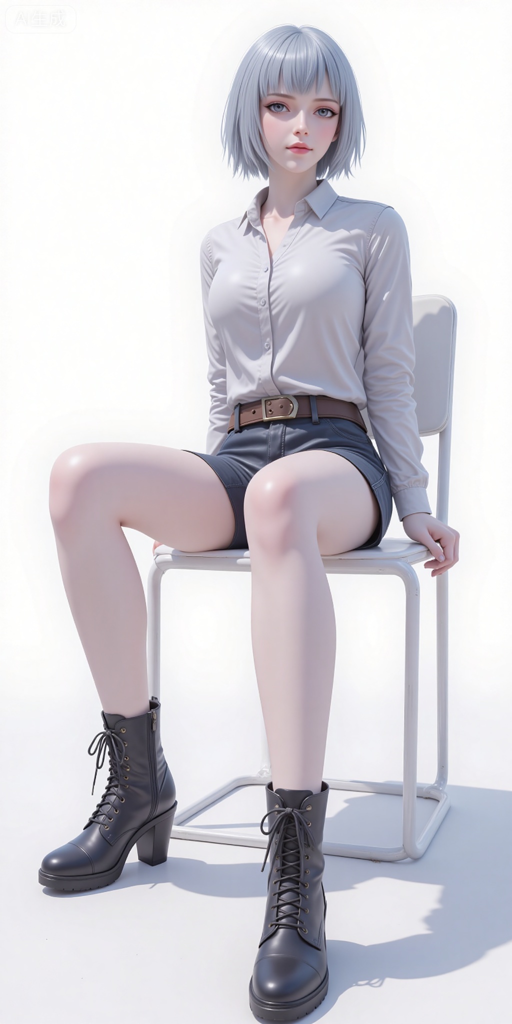 baiyuekui,short hair,white hair,lips,grey eyes,grey hair,blue eyes,shirt,legs,long legs,shorts,boots,sitting,chair,
 white_background,simple_background,pifu,guanghuapifu,liushen,lvjing,lvjing,