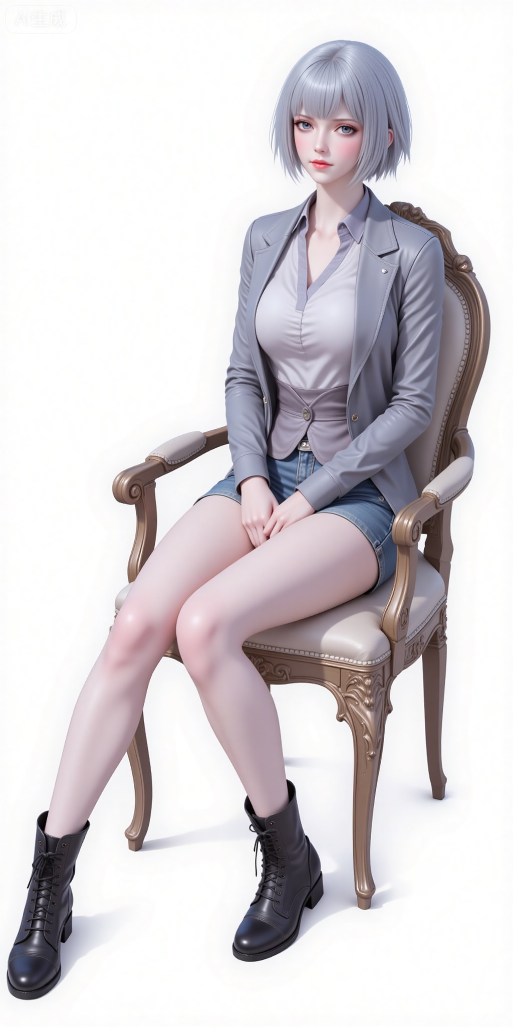 baiyuekui,short hair,white hair,lips,grey eyes,grey hair,blue eyes,shirt,legs,long legs,shorts,boots,sitting,chair,
 white_background,simple_background,pifu,guanghuapifu,liushen,lvjing,lvjing,