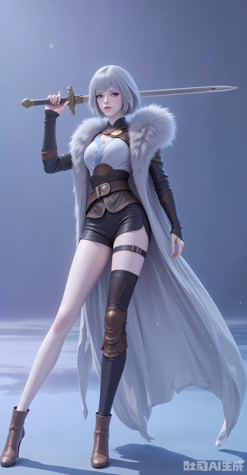 baiyuekui,short hair,white hair,lips,grey eyes,grey hair,blue eyes,1girl,weapon,sword,holding sword,solo,holding weapon,high heels,thighhighs,holding,single thighhigh,breasts,thigh strap,shorts,boots,fur trim,black shorts,standing,belt,short hair,black hair,full body,brown footwear,large breasts,16,cover,gradient background,close-up details,outstanding style,adding a touch of dimension to your imags without compromising details,close-up, lvjing,