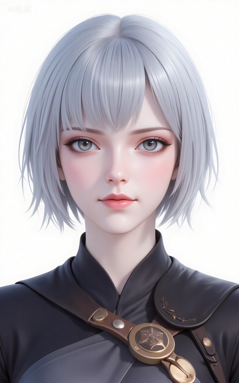baiyuekui,short hair,white hair,lips,grey eyes,grey hair,blue eyes,shirt,(upper_body:1.2),
 white_background,simple_background,pifu,guanghuapifu,liushen,lvjing,lvjing,