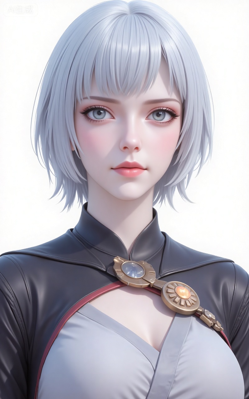 baiyuekui,short hair,white hair,lips,grey eyes,grey hair,blue eyes,shirt,(upper_body:1.2),
 white_background,simple_background,pifu,guanghuapifu,liushen,lvjing,lvjing,