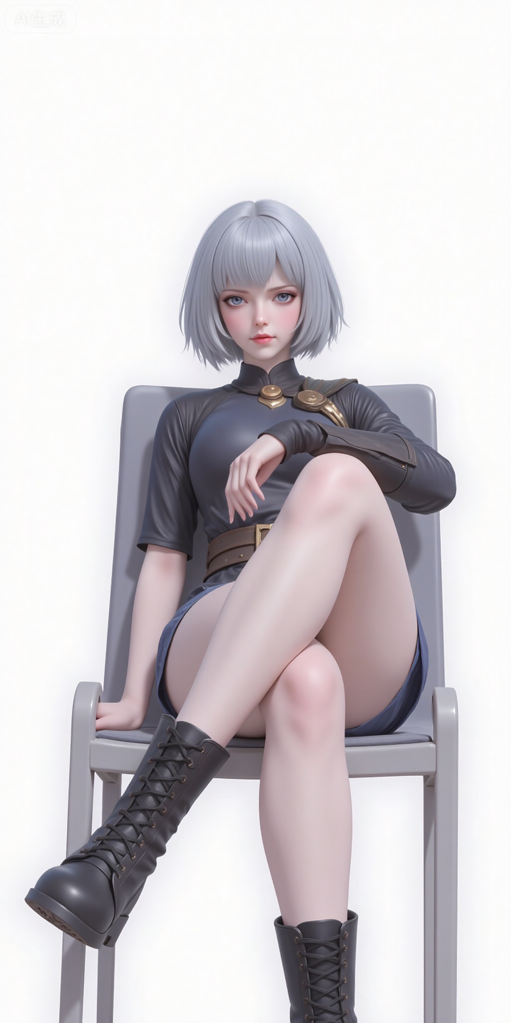 baiyuekui,short hair,white hair,lips,grey eyes,grey hair,blue eyes,shirt,legs,long legs,shorts,boots,sitting,chair,
 white_background,simple_background,pifu,guanghuapifu,liushen,lvjing,lvjing,