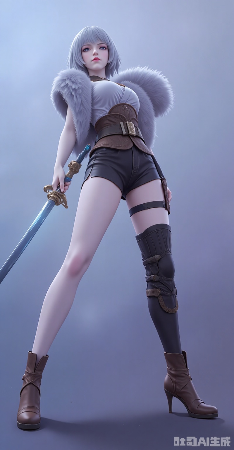 baiyuekui,short hair,white hair,lips,grey eyes,grey hair,blue eyes,1girl,weapon,sword,holding sword,solo,holding weapon,high heels,thighhighs,holding,single thighhigh,breasts,thigh strap,shorts,boots,fur trim,black shorts,standing,belt,short hair,black hair,full body,brown footwear,large breasts,16,cover,gradient background,close-up details,outstanding style,adding a touch of dimension to your imags without compromising details,close-up, lvjing,