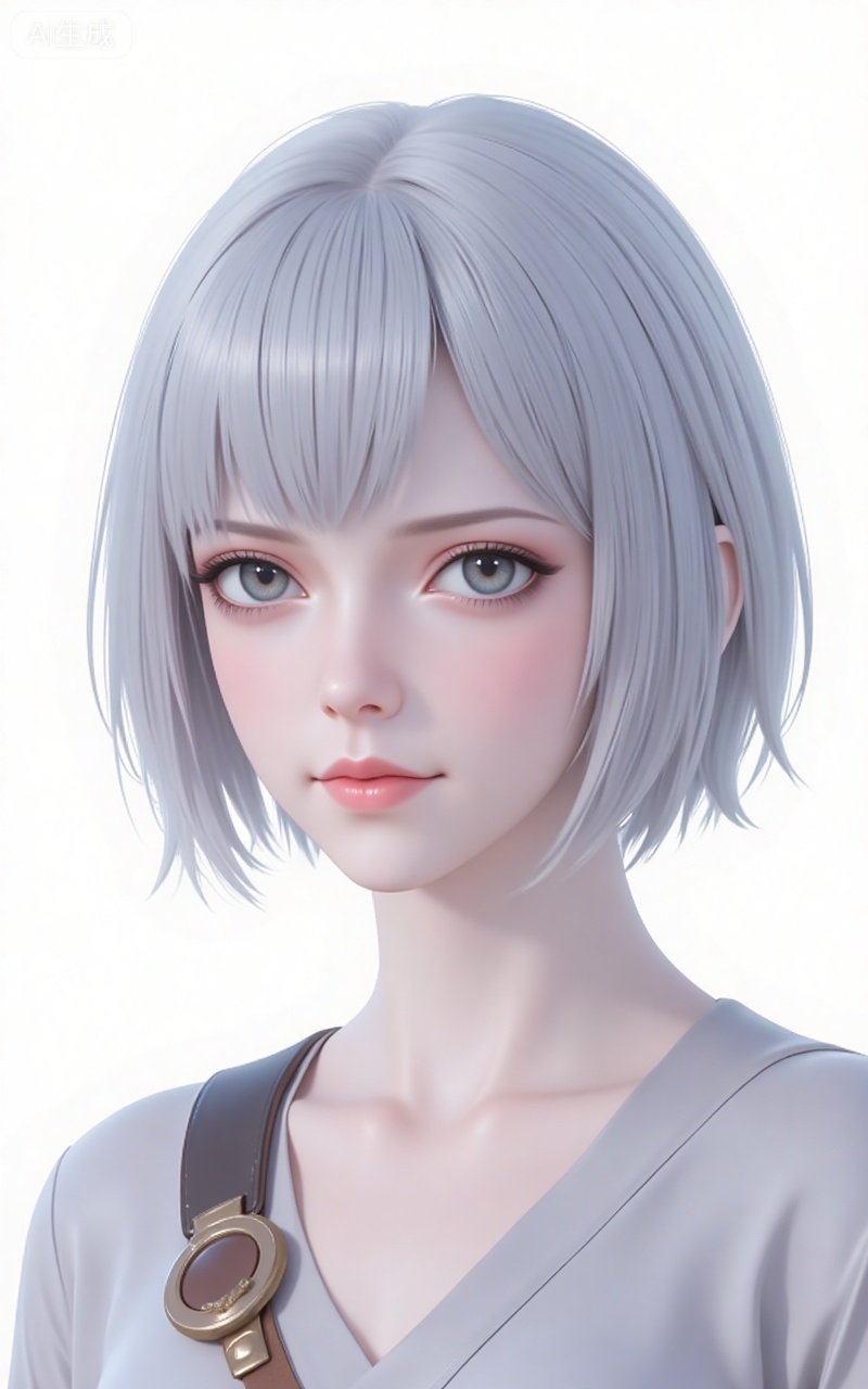 baiyuekui,short hair,white hair,lips,grey eyes,grey hair,blue eyes,shirt,(upper_body:1.2),
 white_background,simple_background,pifu,guanghuapifu,liushen,lvjing,lvjing,