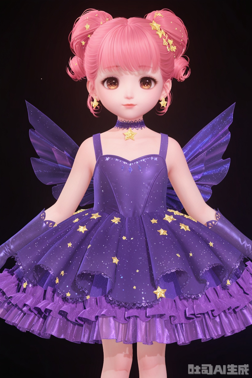 1girl, solo, looking at viewer, short hair, bangs, simple background, hair ornament, gloves, dress, brown eyes, jewelry, pink hair, earrings, wings, choker, hair bun, star \(symbol\), double bun, black background, purple dress, purple footwear,