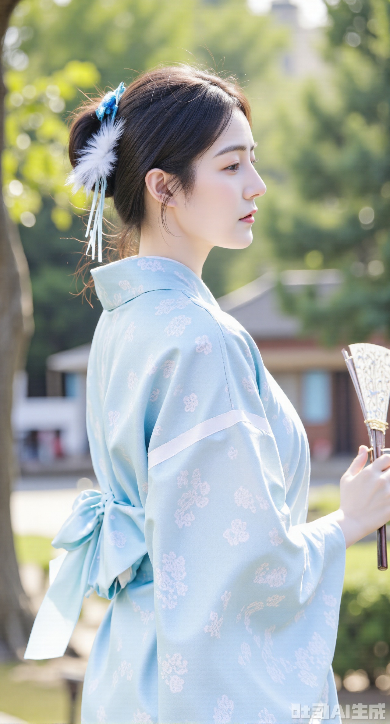 (masterpiece, best quality:1.2),,A photo-realistic shoot from a profile camera angle about a young woman in traditional japanese attire with a white kimono and a blue flower in her hair, set against a blurred outdoor setting with greenery in the background. the image also shows a serene and peaceful atmosphere. on the middle of the image, a 20-year-old asian woman with light skin and black hair, who appears to be in her early twenties, is facing away from the camera, with her eyes closed and a gentle expression on her face. she is wearing a light blue and white patterned jimono with intricate designs, and a white feathered hairpiece with a blue feather. her hair is styled in a single hairpiece, and she is holding an ornate hand fan in her left hand. the background is blurred, with trees and soft sunlight filtering through the trees, creating a natural and dreamy atmosphere.(huge breasts:2.99), (full breasts:2.99),Xyujiafu,Xnanxiaochen,Xloubeimaoyi,Xrixisheyingfeng,Xinsstyle,Xliumengru