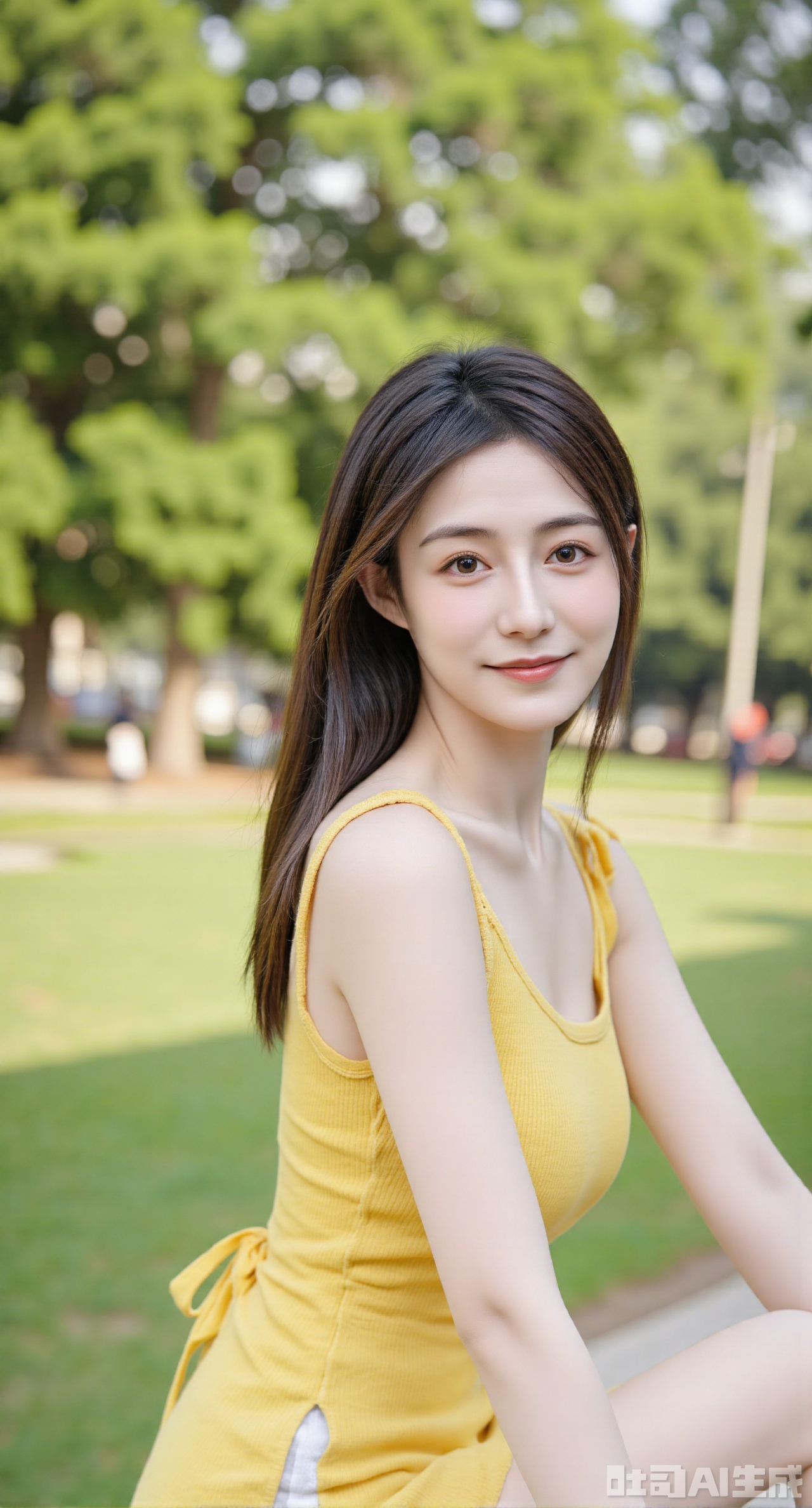 (masterpiece, best quality:1.2),,A photo-realistic portrait shoot from a portrait angle about a young woman with long dark hair smiling at the camera. the image also shows lush green trees and a blurred outdoor background. on the middle of the image, a 20-year-old asian woman with light skin and brown eyes appears to be smiling, wearing a yellow sleeveless top. she has a slim body and is looking directly at the viewer with her brown eyes. her long, dark brown hair falls down her back, and she is sitting on a grassy area with a blurred green background. the lighting is soft and natural, creating a serene atmosphere.(huge breasts:2.99), (full breasts:2.99),Xyujiafu,Xnanxiaochen,Xloubeimaoyi,Xrixisheyingfeng,Xinsstyle,Xliumengru
