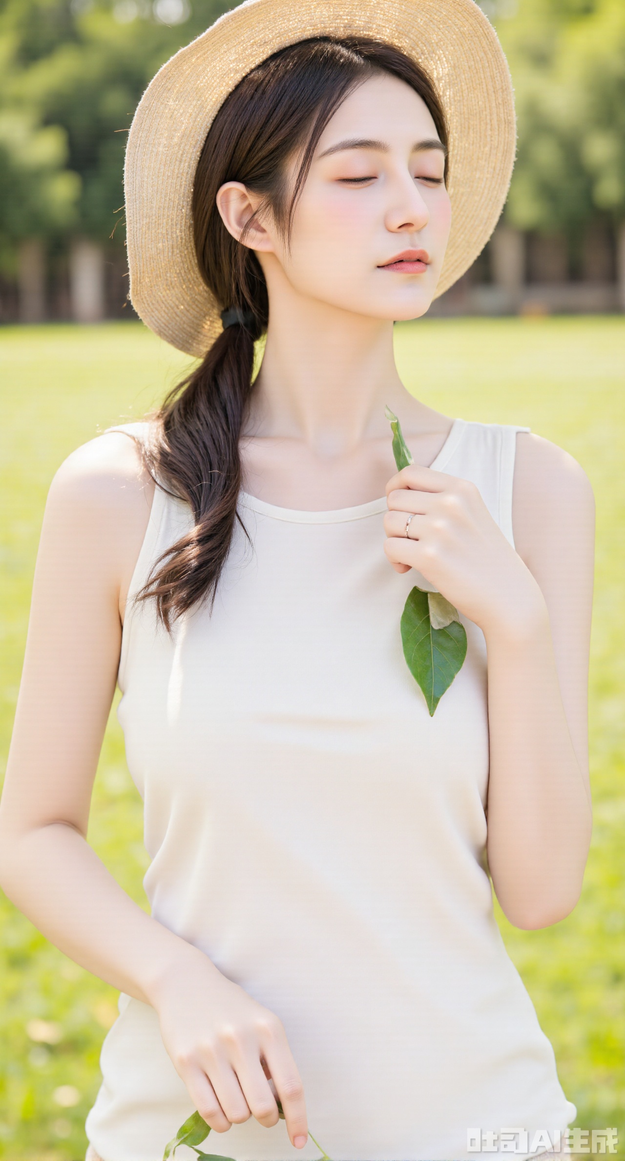 (masterpiece, best quality:1.2),,A photo-realistic shoot from a close-up camera angle about a young woman holding a green leaf, wearing a straw hat and a white sleeveless top. the image also shows a serene and peaceful atmosphere. on the middle of the image, a 20 years old asian woman with light skin, long brown hair styled in a single braid, and closed eyes, appears to be holding a leaf in her hand. she has a calm and serene expression, with a slight blush on her cheeks. the background is blurred, with green grass and soft sunlight, giving the image a natural and natural feel. the woman is wearing a wide-brimmed straw hat, and her hair is parted in the middle, framing her face. her eyes are closed, giving a sense of serenity and tranquility. she is holding the leaf close to her chest, with her upper body visible. the overall effect is one of tranquility and peace..(huge breasts:2.99), (full breasts:2.99),Xyujiafu,Xnanxiaochen,Xloubeimaoyi,Xrixisheyingfeng,Xinsstyle,Xliumengru