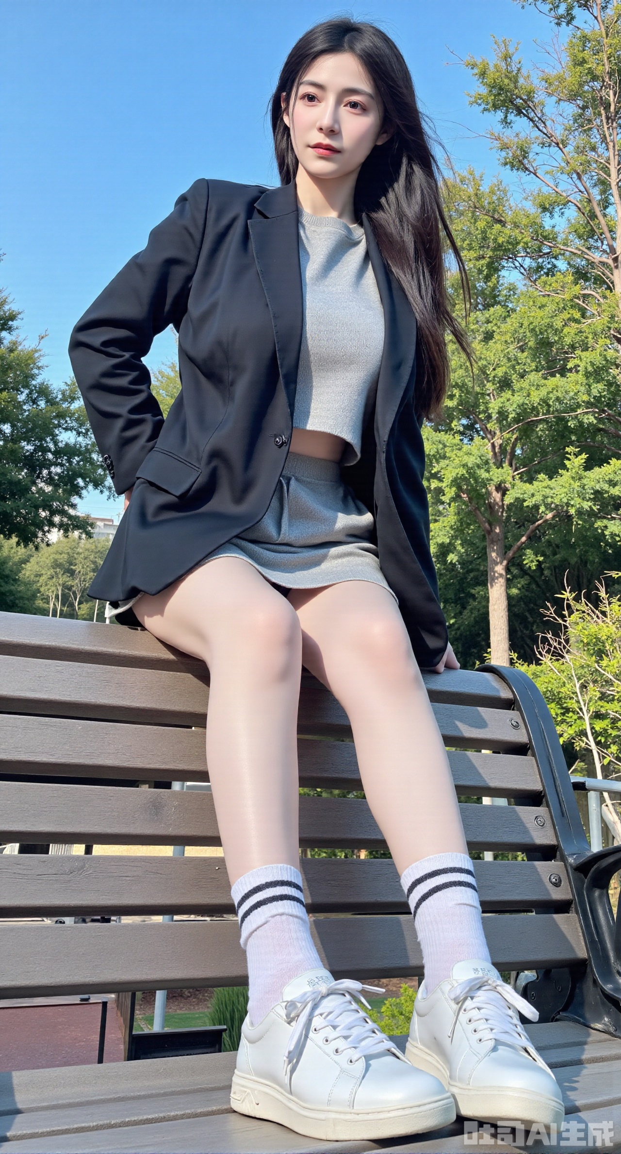 (masterpiece, best quality:1.2),,1girl,The image is a photograph taken outdoors,possibly in a park or public area,with a clear blue sky and lush greenery in the background. The subject is a young Asian woman with long,straight black hair,fair skin,and a slender physique. She is seated on a wooden bench with a casual,relaxed pose,leaning slightly to her right with her arms crossed. Her attire includes a black blazer over a grey sweater and a short grey skirt,paired with sheer black pantyhose and white athletic shoes with black stripes. She wears white socks that reach mid-calf,adding a playful touch to her look. The background features a metal fence and trees,with a serene atmosphere. The overall style is casual and modern,with a focus on youthful fashion.,(huge breasts:2.99), (full breasts:2.99),Xyujiafu,Xnanxiaochen,Xloubeimaoyi,Xrixisheyingfeng,Xinsstyle,Xliumengru