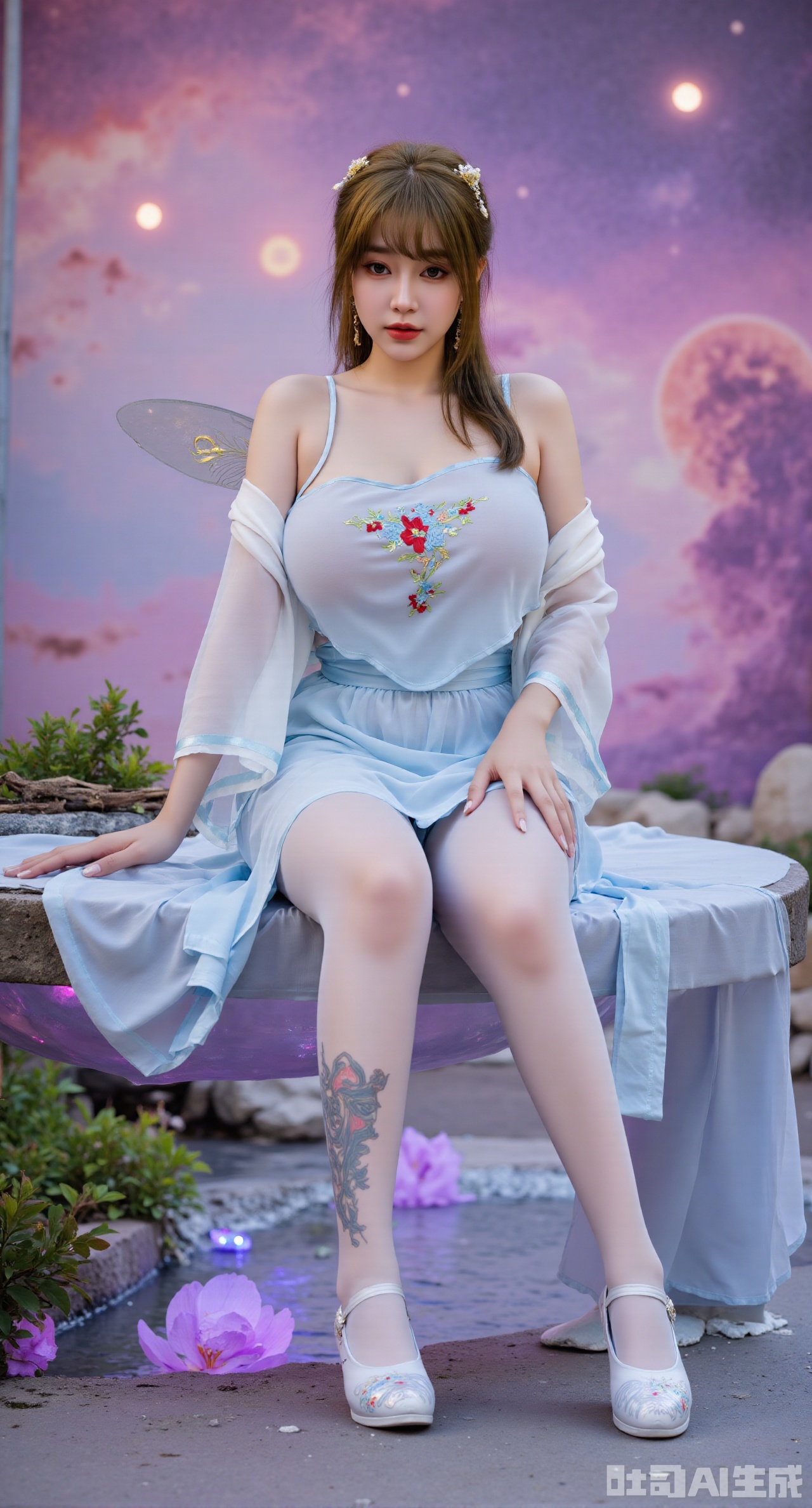 (masterpiece, best quality:1.2),1girl,looking_at_viewer,huge_breasts,,long legs,realistic,A captivating fantasy elf portrait set in a surreal, floating garden in the sky. The elf, with iridescent, translucent wings like those of a dragonfly, sits gracefully on a floating crystal lily pad. Her flowing hair shimmers with every color of the rainbow and cascades down, merging with the floating flora around her. Her eyes are deep pools of starlight, and her delicate, silver gown is adorned with tiny, twinkling constellations. The garden is filled with glowing, bioluminescent flowers and whimsical, hovering orbs of light. The backdrop features a swirling nebula sky with vibrant hues of pink and purple, creating a dreamlike, cosmic atmosphere. The portrait combines elements of ethereal beauty and celestial wonder, blending fantasy with a touch of otherworldly magic.,high_heel,, argyle legwear,star \(symbol\,yeqingxian,brown hair,(huge breasts:2.99),(full breasts:2.99),Xyunxiao,XyunxiaoYK,Xdixionglianyiqun,Xmiaozufushi,Xqilinxianzi,XTifaLockhart,Xjinshenjianshenfu,Xbigbreasts,Xrixirenxiangsheying,XzhaoxiangerX,Xnanxiaochen2,Xyinyue2,Xchenjiajia,Xhanfusiwa