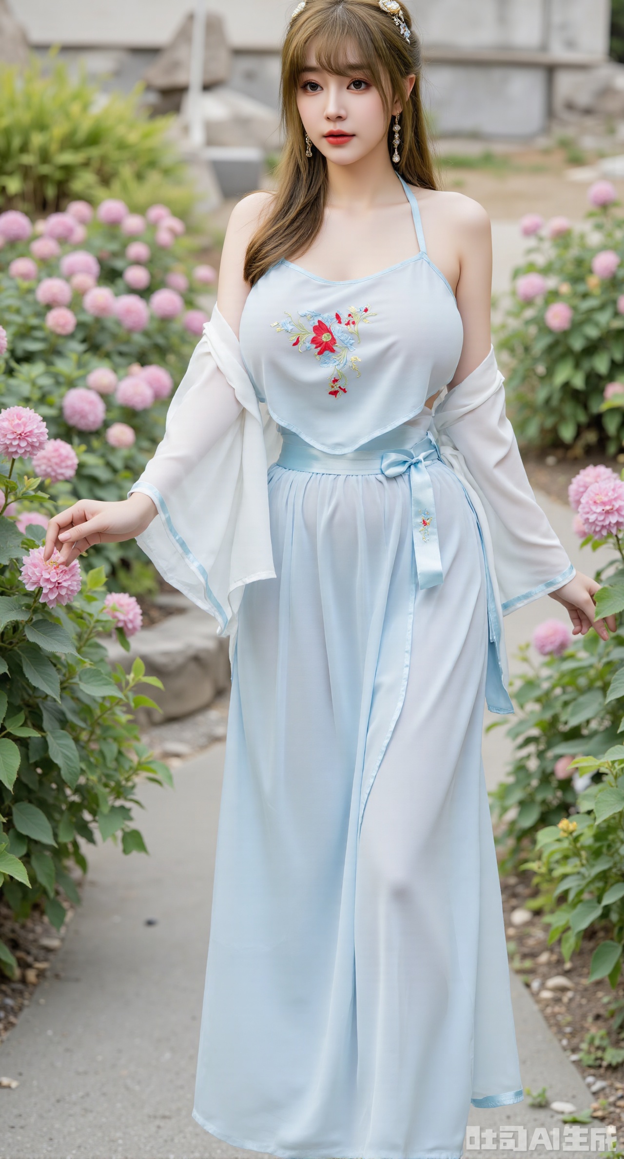 (masterpiece:1.2),best quality,absurdres,masterpiece,original,extremely detailed wallpaper,perfect lighting,1girl,solo,looking at viewer,(cowboy_shot:1.3),long hair,high heels,blurry background,depth of field,motion blur,(long dress:1.23),china_dress,chinese_style,bare shouders,crystal_earrings,headpiece,hair_tie,chest_jewel,gem,necklace,jewelry,in summer,day,outdoors,nature,garden,,(standing,Hydrangea, Hydrangea Field:1.69),(huge breasts:2.99),(full breasts:2.99),gechuanguangchongstyle,Xyuanxionggirl,Xyunxiao,XyunxiaoYK,Xdixionglianyiqun,Xmiaozufushi,Xqilinxianzi,XTifaLockhart,Xjinshenjianshenfu,Xbigbreasts,Xrixirenxiangsheying,XzhaoxiangerX,Xnanxiaochen2,Xyinyue2,Xchenjiajia,Xhanfusiwa