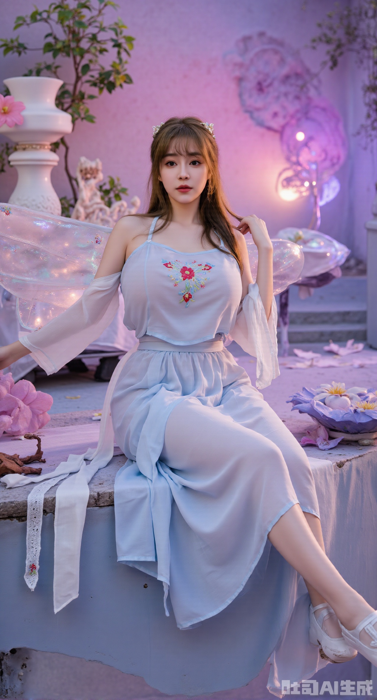 (masterpiece, best quality:1.2),1girl,looking_at_viewer,huge_breasts,,long legs,realistic,A captivating fantasy elf portrait set in a surreal, floating garden in the sky. The elf, with iridescent, translucent wings like those of a dragonfly, sits gracefully on a floating crystal lily pad. Her flowing hair shimmers with every color of the rainbow and cascades down, merging with the floating flora around her. Her eyes are deep pools of starlight, and her delicate, silver gown is adorned with tiny, twinkling constellations. The garden is filled with glowing, bioluminescent flowers and whimsical, hovering orbs of light. The backdrop features a swirling nebula sky with vibrant hues of pink and purple, creating a dreamlike, cosmic atmosphere. The portrait combines elements of ethereal beauty and celestial wonder, blending fantasy with a touch of otherworldly magic.,high_heel,, argyle legwear,star \(symbol\,yeqingxian,brown hair,(huge breasts:2.99),(full breasts:2.99),Xyunxiao,XyunxiaoYK,Xdixionglianyiqun,Xmiaozufushi,Xqilinxianzi,XTifaLockhart,Xjinshenjianshenfu,Xbigbreasts,Xrixirenxiangsheying,XzhaoxiangerX,Xnanxiaochen2,Xyinyue2,Xchenjiajia,Xhanfusiwa,Xmengru,Xweijinfenghanfu