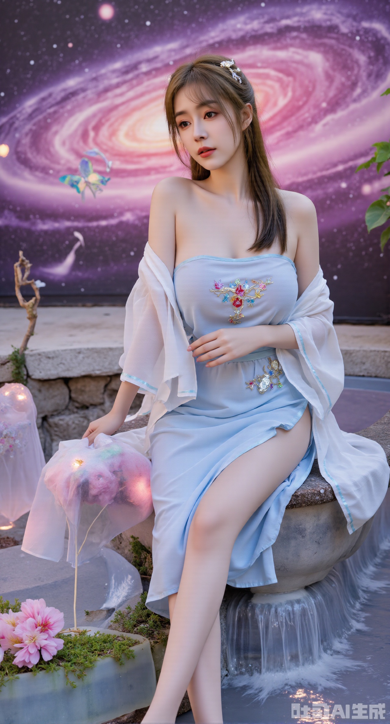 (masterpiece, best quality:1.2),1girl,looking_at_viewer,huge_breasts,,long legs,realistic,A captivating fantasy elf portrait set in a surreal, floating garden in the sky. The elf, with iridescent, translucent wings like those of a dragonfly, sits gracefully on a floating crystal lily pad. Her flowing hair shimmers with every color of the rainbow and cascades down, merging with the floating flora around her. Her eyes are deep pools of starlight, and her delicate, silver gown is adorned with tiny, twinkling constellations. The garden is filled with glowing, bioluminescent flowers and whimsical, hovering orbs of light. The backdrop features a swirling nebula sky with vibrant hues of pink and purple, creating a dreamlike, cosmic atmosphere. The portrait combines elements of ethereal beauty and celestial wonder, blending fantasy with a touch of otherworldly magic.,high_heel,, argyle legwear,star \(symbol\,yeqingxian,brown hair,(huge breasts:2.99),(full breasts:2.99),Xyunxiao,XyunxiaoYK,Xdixionglianyiqun,Xmiaozufushi,Xqilinxianzi,XTifaLockhart,Xjinshenjianshenfu,Xbigbreasts,Xrixirenxiangsheying,XzhaoxiangerX,Xnanxiaochen2,Xyinyue2,Xchenjiajia,Xhanfusiwa,Xmengru,Xweijinfenghanfu