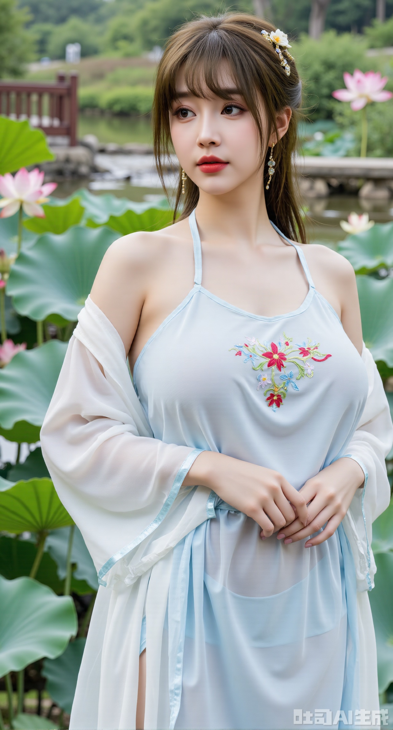  (masterpiece, best quality:1.2),1girl, navel, solo, midriff, bare shoulders, hair ornament, flower, hair flower, black hair, red lips,BREAK, (looking at viewer:1.39), chinese clothes,(Holographic dress:1.39), (lace,Rainbow Gradient Color:1.29),BREAK,purple eyes,blurry, solo focus, long hair, lips, daytime, lipstick, outdoors, (upper body,,Long legs:1.29), blurry,(huge breasts,full breasts:1.41), background, 1girl, makeup, hair bun,Xyunxiao,(Blue sky:1.39),(Suzhou Garden Lotus Pond,pink lotus,green Lotus Leaf:1.39),(huge breasts:2.99), (full breasts:2.99),gechuanguangchongstyle,Xyuanxionggirl,Xyunxiao,XyunxiaoYK,Xdixionglianyiqun,Xmiaozufushi,Xqilinxianzi,XTifaLockhart,Xjinshenjianshenfu,Xbigbreasts,Xrixirenxiangsheying,XzhaoxiangerX,Xnanxiaochen2,Xyinyue2,Xchenjiajia,Xhanfusiwa