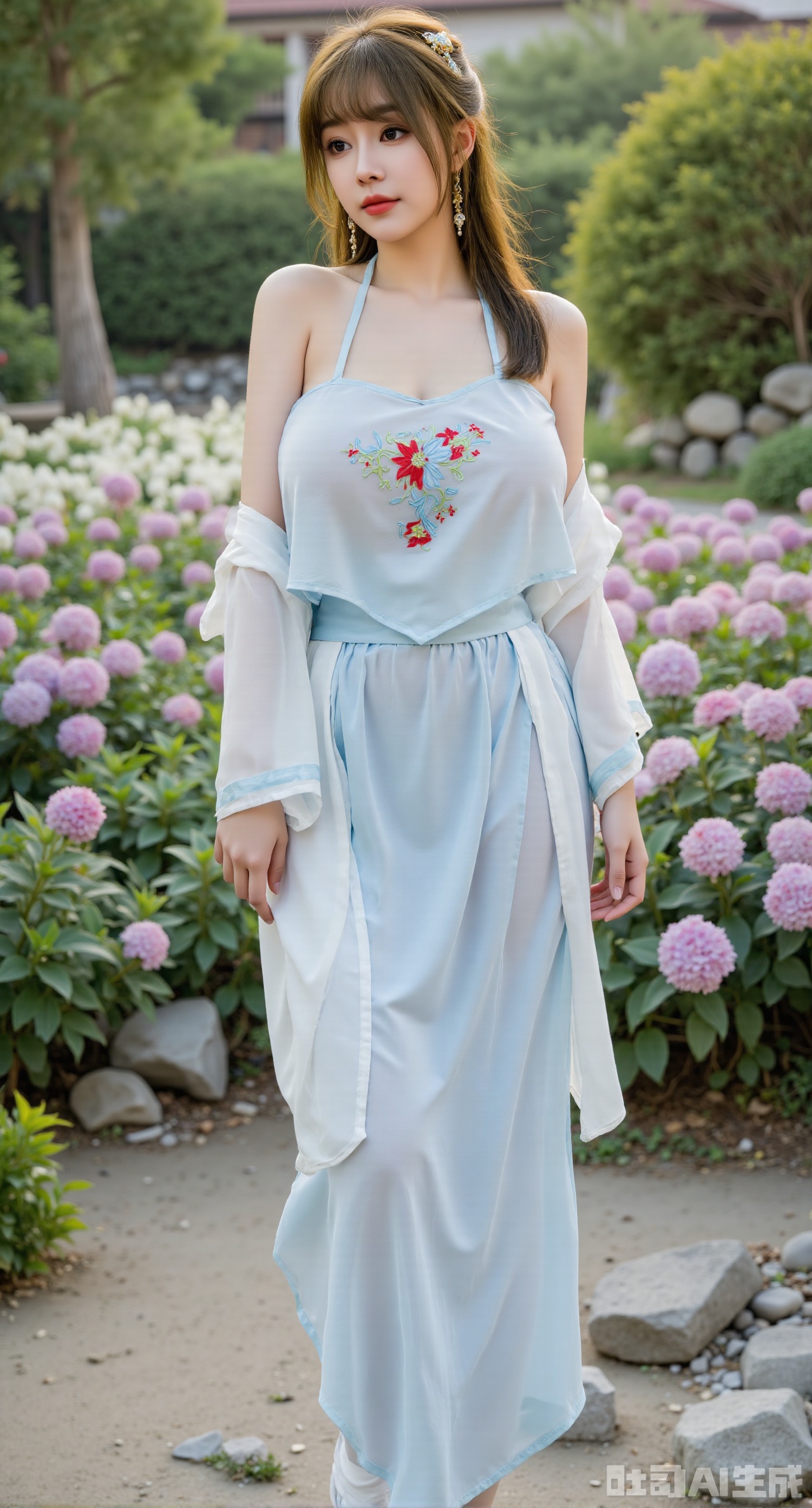 (masterpiece:1.2),best quality,absurdres,masterpiece,original,extremely detailed wallpaper,perfect lighting,1girl,solo,looking at viewer,(cowboy_shot:1.3),long hair,high heels,blurry background,depth of field,motion blur,(long dress:1.23),china_dress,chinese_style,bare shouders,crystal_earrings,headpiece,hair_tie,chest_jewel,gem,necklace,jewelry,in summer,day,outdoors,nature,garden,,(standing,Hydrangea, Hydrangea Field:1.69),(huge breasts:2.99),(full breasts:2.99),gechuanguangchongstyle,Xyuanxionggirl,Xyunxiao,XyunxiaoYK,Xdixionglianyiqun,Xmiaozufushi,Xqilinxianzi,XTifaLockhart,Xjinshenjianshenfu,Xbigbreasts,Xrixirenxiangsheying,XzhaoxiangerX,Xnanxiaochen2,Xyinyue2,Xchenjiajia,Xhanfusiwa