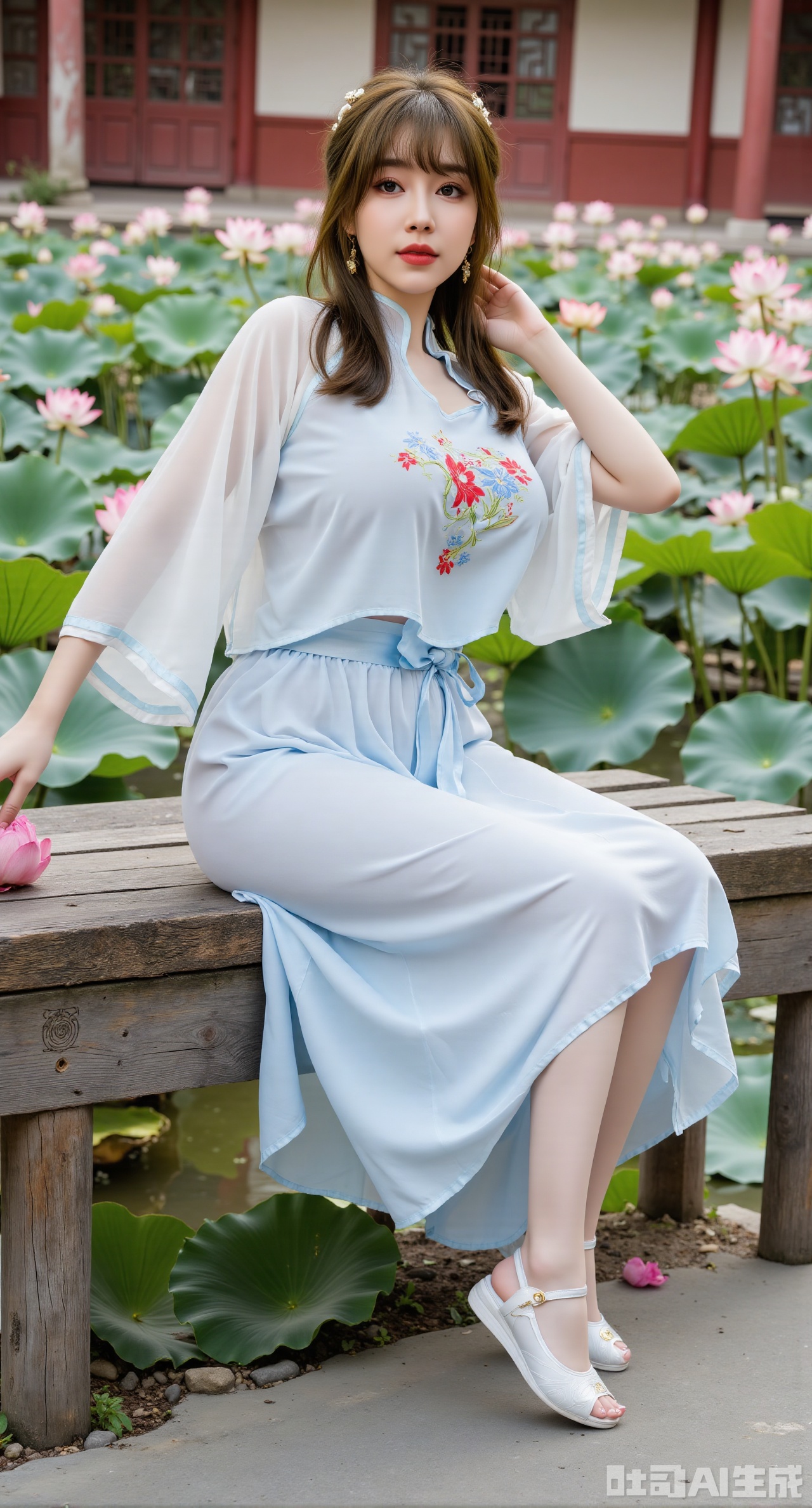 (masterpiece:1.2),best quality,The image is a digital illustration of a young woman sitting on a wooden bench in a pond with lily pads. She is wearing a long dress with design on the chest and sleeves. The dress has a high neckline and short sleeves,Holding a lotus in hand. She has long dark hair styled in loose waves and is wearing gold high heels. The woman is posing with one hand on her hip and the other resting on the edge of the bench. The background is filled with pink and white lotus flowers and green leaves. The overall mood of the image is peaceful and serene,(huge breasts:2.99),(full breasts:2.99),(Background with traditional Chinese architecture, lotus pond and pink lotus flowers:1.39),gechuanguangchongstyle,Xyuanxionggirl,Xyunxiao,XyunxiaoYK,Xdixionglianyiqun,Xmiaozufushi,Xqilinxianzi,XTifaLockhart,Xjinshenjianshenfu,Xbigbreasts,Xrixirenxiangsheying,XzhaoxiangerX,Xnanxiaochen2,Xyinyue2,Xchenjiajia,Xhanfusiwa