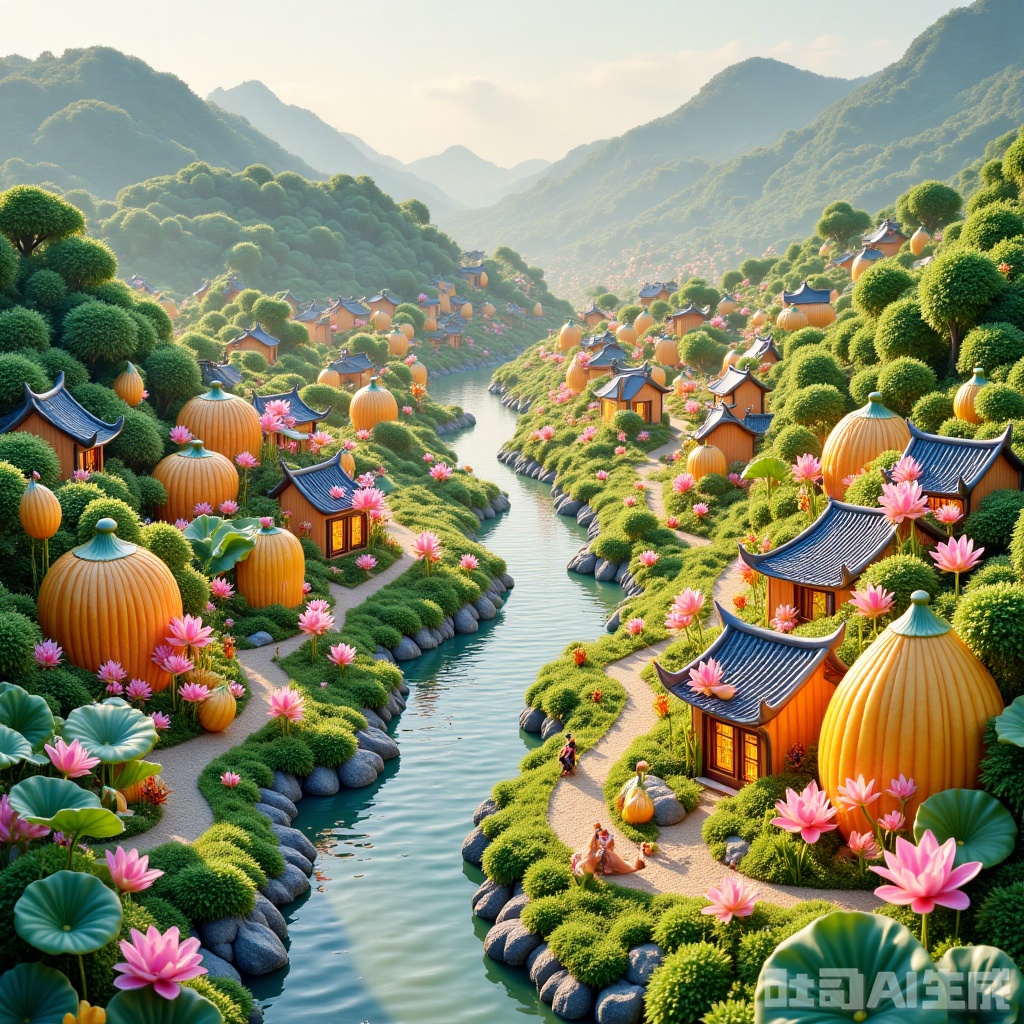 Chinese idyllic village, aerial view, food art composition: jade lotus leaves are laid into ripples ponds, golden grass and wood ash are roasted into wheat fields, dark green tofu blocks are turned into terraced stone slabs, three-color Zhuang Township flower rice is made into tiled roofs, and silver-scale rice flower fish jumps out between the rice ears. Soft watercolor style, blue tiles and white walls dotted among houses, morning mist sways distant mountains, saturated colors and natural textures, surreal food landscape, 8k details --ar 16:9 --v 6.0rt of ingredients