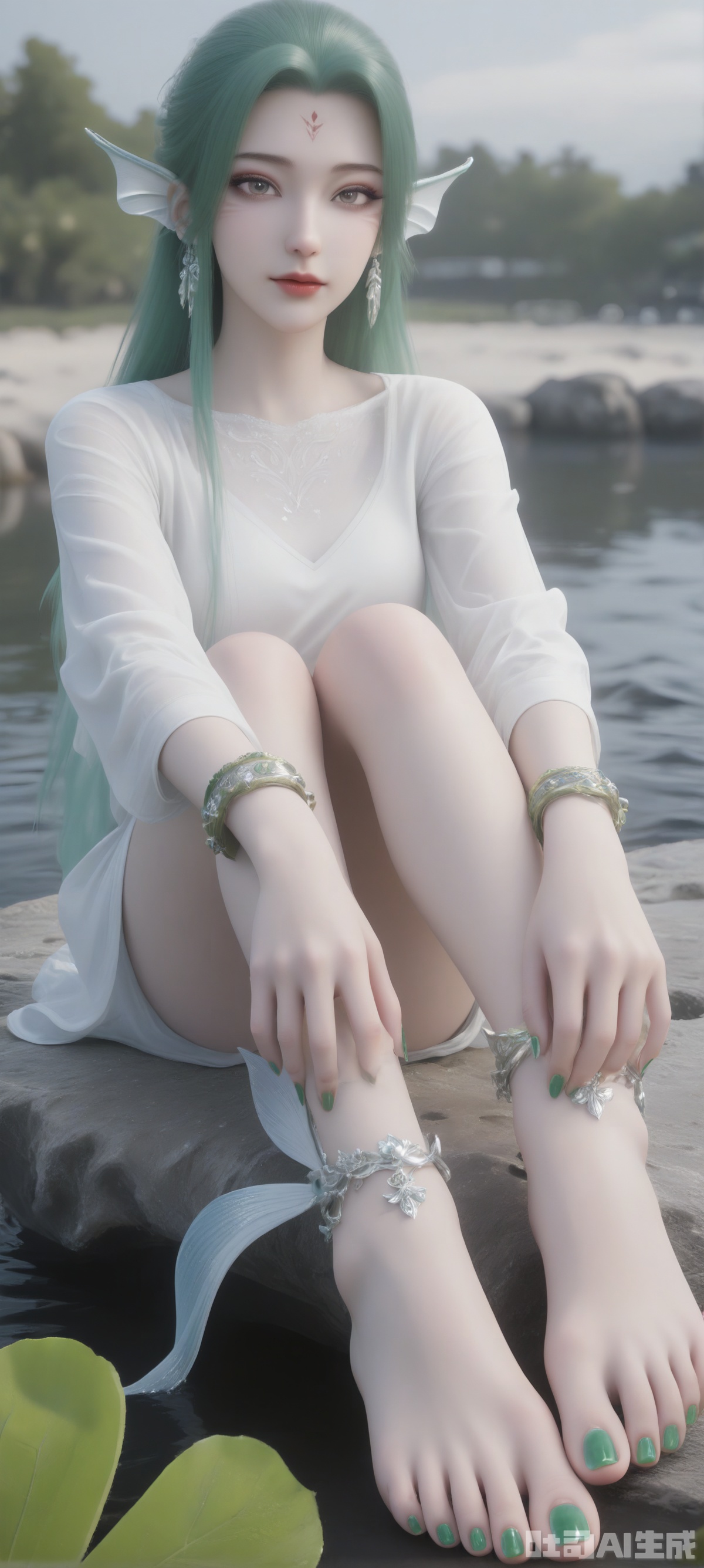 A 3D rendering of a mermaid, she sat on a large leaf. Her feet were painted with green nail polish, adding a touch of color to her feet. Her hair was shiny and her eyes were crimson. She was wearing a white long-sleeved shirt, matching green bracelets and a pair of swaying earrings. Her left hand was placed above her left foot and her right hand was placed on her right foot. The background is a white building with a black board on the wall, dotted with water droplets, adding a sense of layering to the picture.