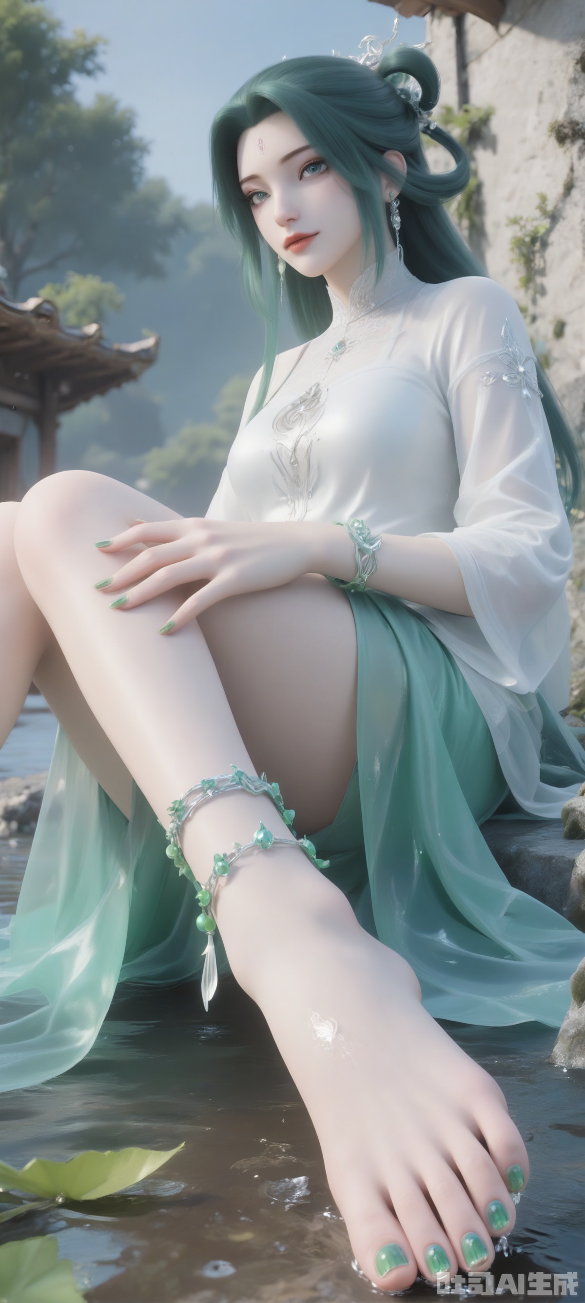 a 3D rendering of a mermaid sits on a leaf, adorned with green pearls. Her feet are adorned with a green nail polish, adding a touch of color to her feet. Her hair is a vibrant shade of green, and her eyes are a piercing blue. She is dressed in a white long-sleeved shirt, a matching green bracelet, and a pair of dangling earrings. Her left hand is draped over her left foot, while her right hand rests on her right foot. The backdrop, a white building with a black board on the wall, is adorned with water droplets, adding depth to the scene.
