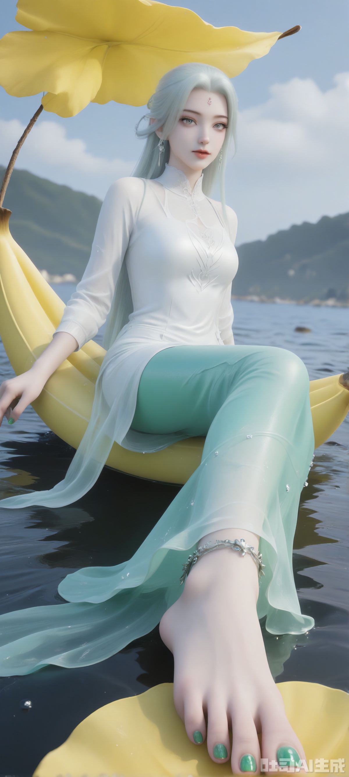 A 3D rendering of a mermaid, sitting on a banana leaf, dotted with green pearls. Her feet were covered with green nail polish, adding a touch of color to her feet. Her hair is bright white and her eyes are deep red. She was wearing a white long-sleeved shirt, a matching green bracelet and a pair of swaying earrings. Her left hand rests on top of her left foot, and her right hand rests on her right foot. The background is a white building with a black board on the wall, dotted with water droplets, adding a sense of layering to the picture.