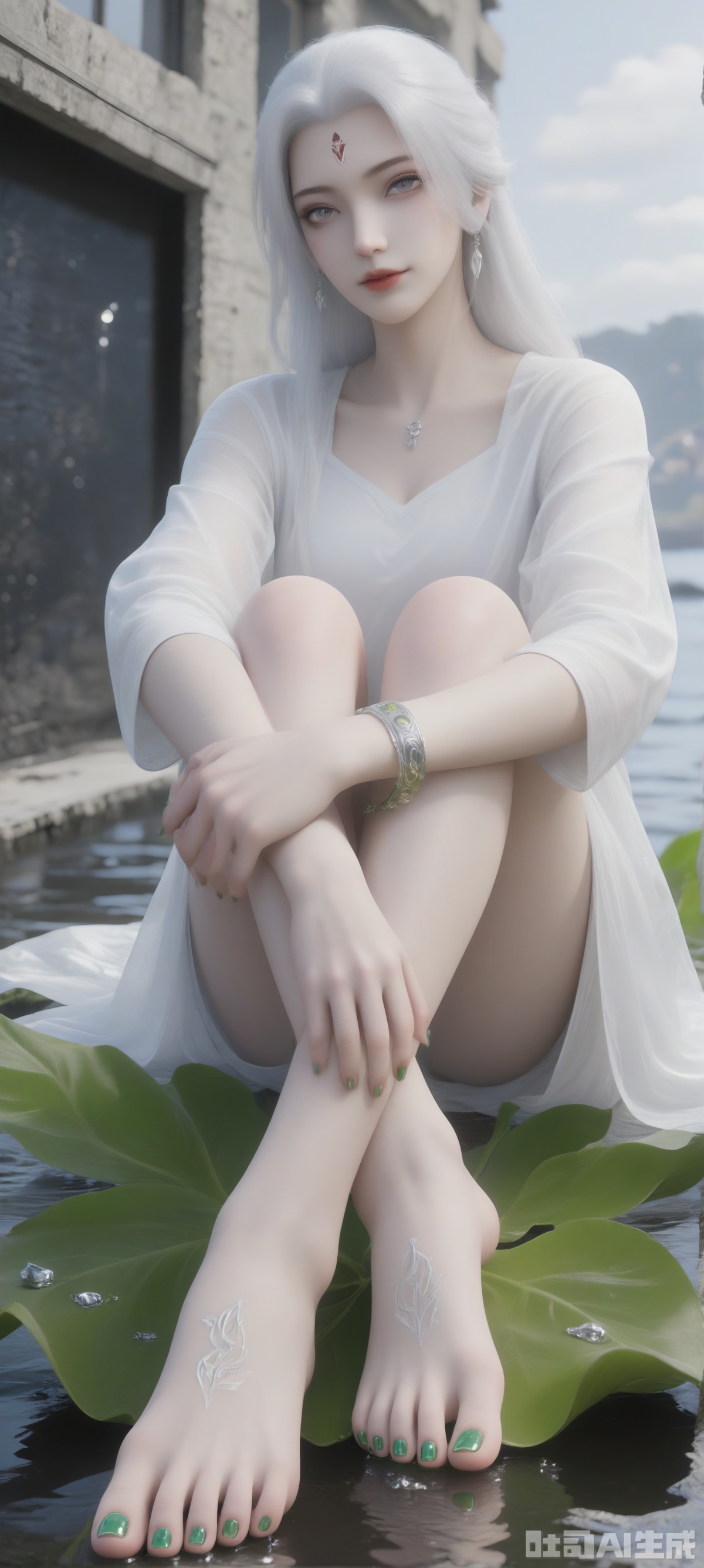 She sat on a huge leaf. Her toes were painted with green nail polish, adding a touch of color to her feet. Her white hair eyes were crimson. She wore a white long-sleeved shirt with green bracelets and a pair of swaying earrings. Her left hand is placed above her left foot and her right hand is placed on her right foot. The background is a white building with a blackboard on the wall, dotted with water droplets, adding a sense of layering to the picture.