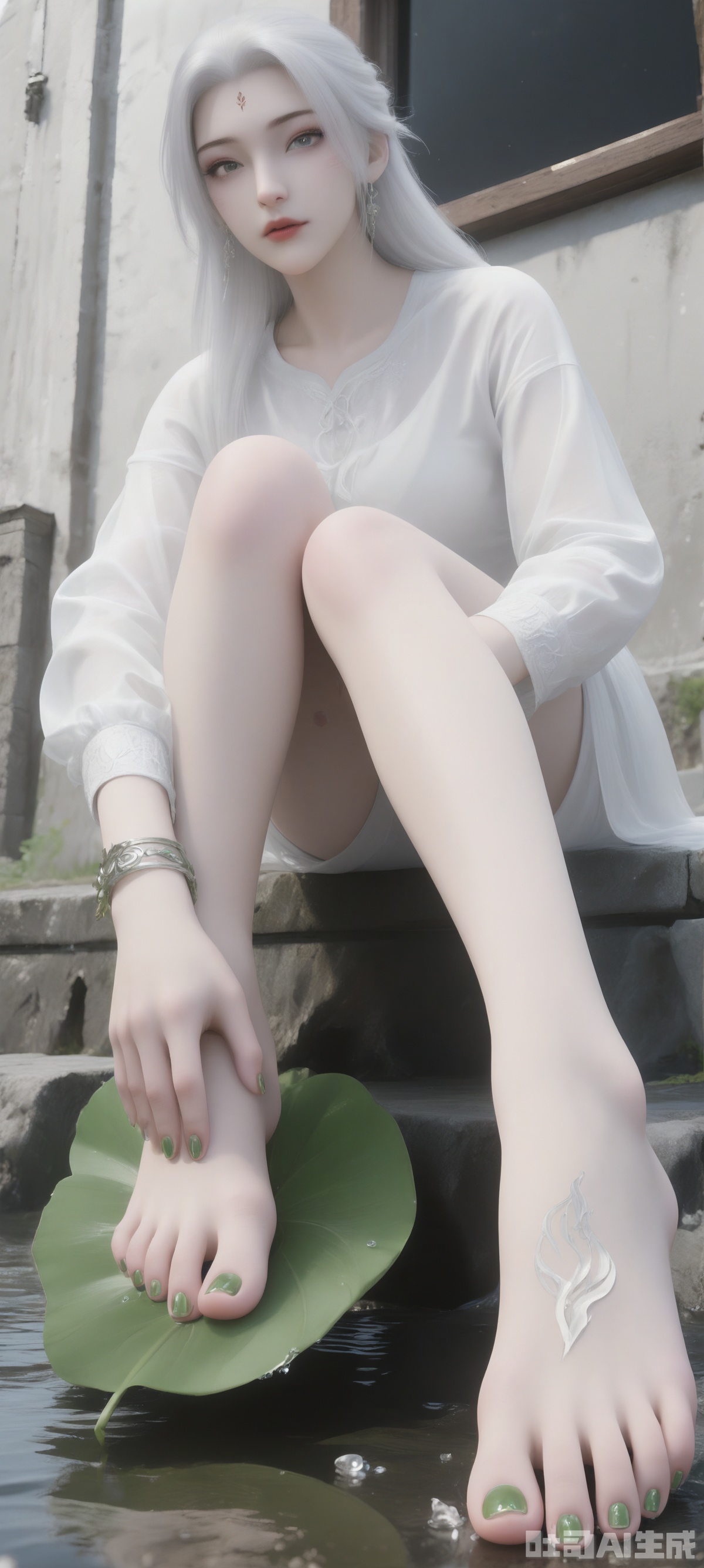 She sat on a huge leaf. Her toes were painted with green nail polish, adding a touch of color to her feet. Her white hair eyes were crimson. She wore a white long-sleeved shirt with green bracelets and a pair of swaying earrings. Her left hand is placed above her left foot and her right hand is placed on her right foot. The background is a white building with a blackboard on the wall, dotted with water droplets, adding a sense of layering to the picture.