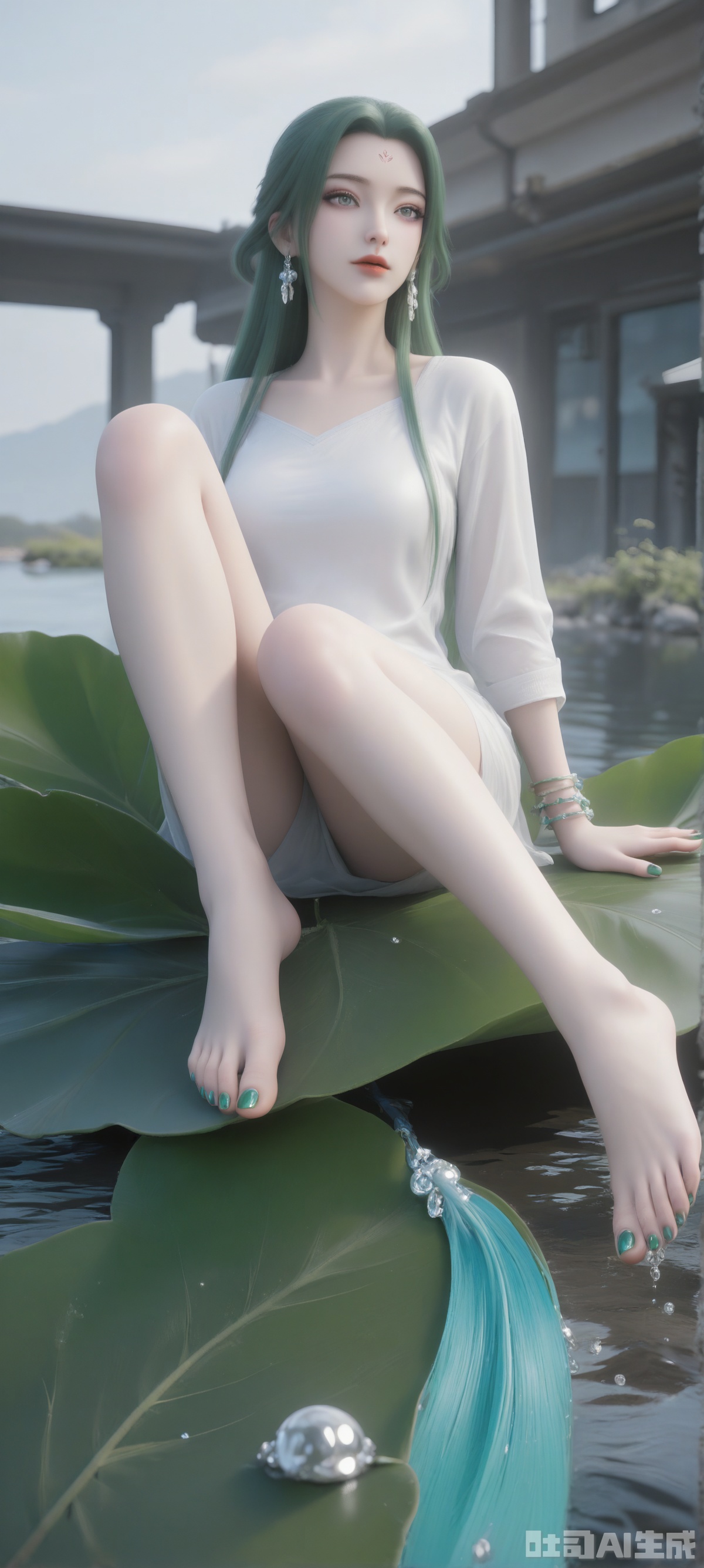 A 3D rendering of a mermaid, she sat on a large leaf. Her feet were painted with green nail polish, adding a touch of color to her feet. Her hair was shiny and her eyes were crimson. She was wearing a white long-sleeved shirt, matching green bracelets and a pair of swaying earrings. Her left hand was placed above her left foot and her right hand was placed on her right foot. The background is a white building with a black board on the wall, dotted with water droplets, adding a sense of layering to the picture.