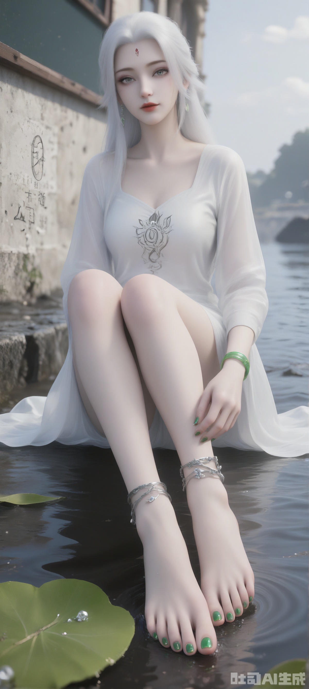 She sat on a huge leaf. Her toes were painted with green nail polish, adding a touch of color to her feet. Her white hair eyes were crimson. She wore a white long-sleeved shirt with green bracelets and a pair of swaying earrings. Her left hand is placed above her left foot and her right hand is placed on her right foot. The background is a white building with a blackboard on the wall, dotted with water droplets, adding a sense of layering to the picture.