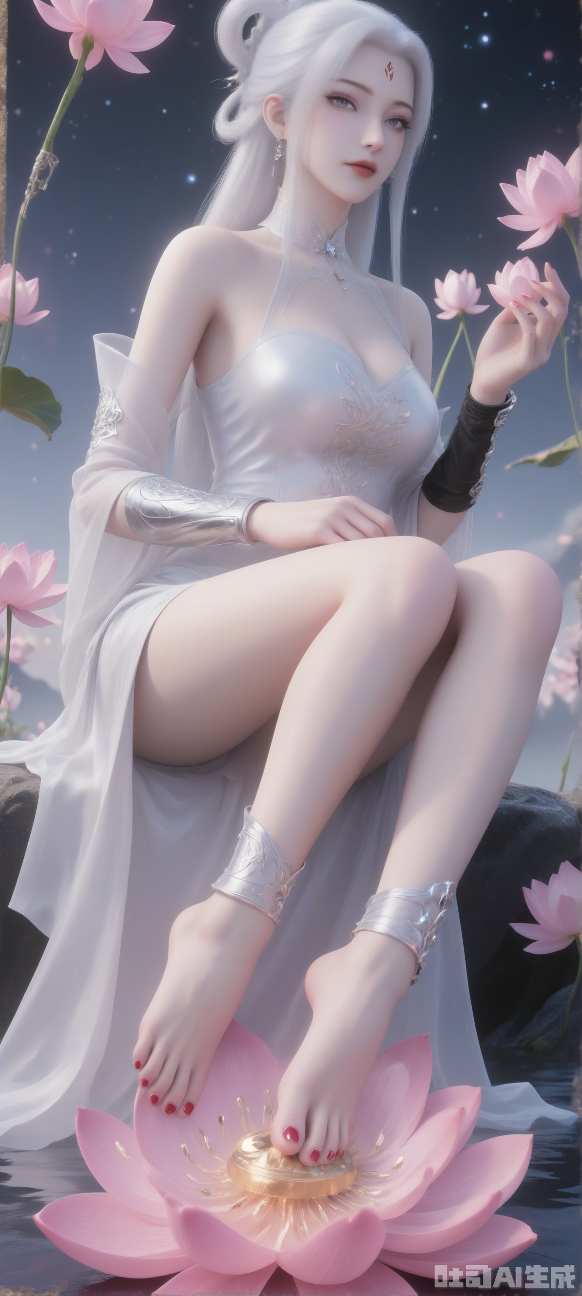 A digital artwork depicts a slim, fair-skinned woman with long white hair and tied into a ponytail. Her skirt has delicate lace details and a deep V-neck. Her left arm was wearing a huge and gorgeous handguard. She held a pink lotus in her right hand. She sat barefoot on a pink lotus, lifting one foot to reveal the soles of her feet, and there were accessories on her feet.
