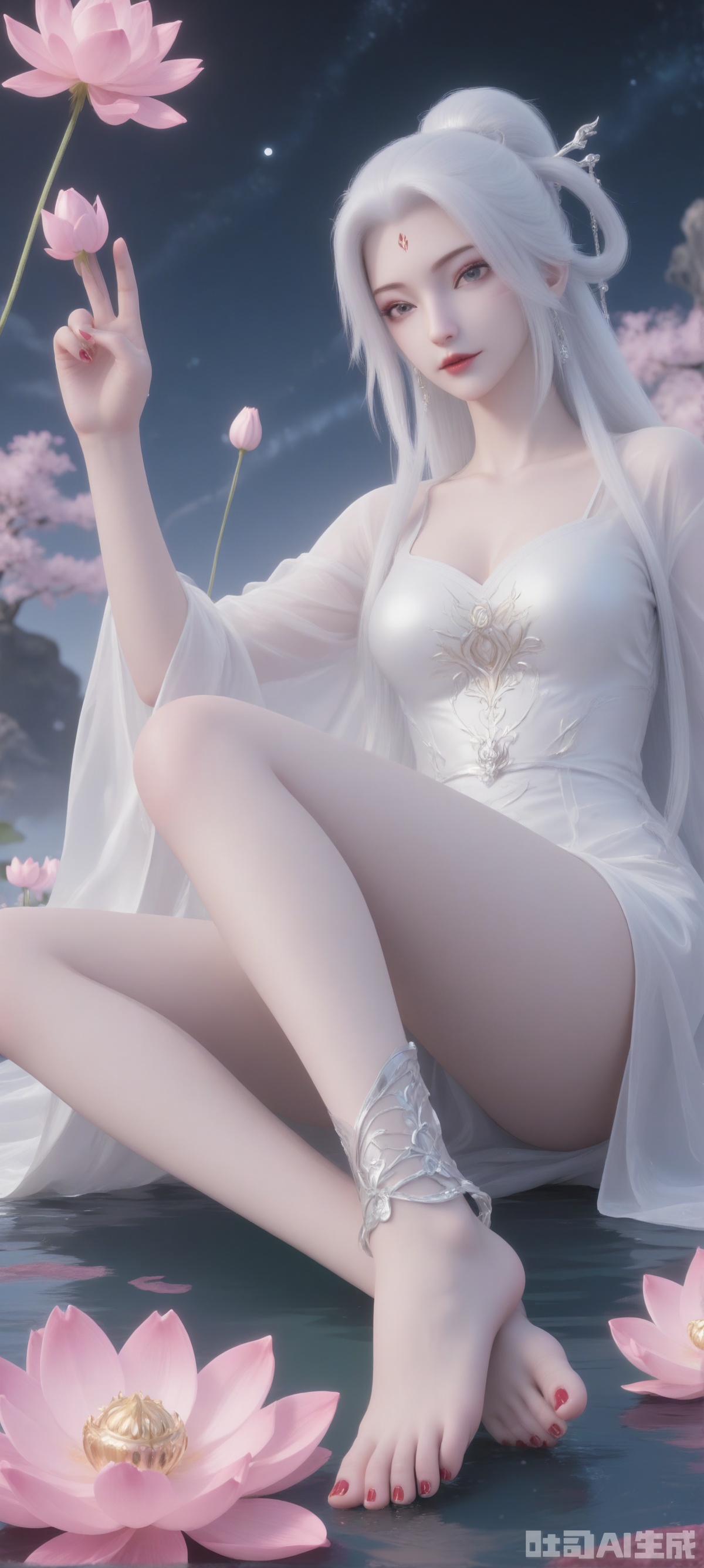 A digital artwork depicts a slim, fair-skinned woman with long white hair and tied into a ponytail. Her skirt has delicate lace details and a deep V-neck. Her left arm was wearing a huge and gorgeous handguard. She held a pink lotus in her right hand. She sat barefoot on a pink lotus, lifting one foot to reveal the soles of her feet, and there were accessories on her feet.