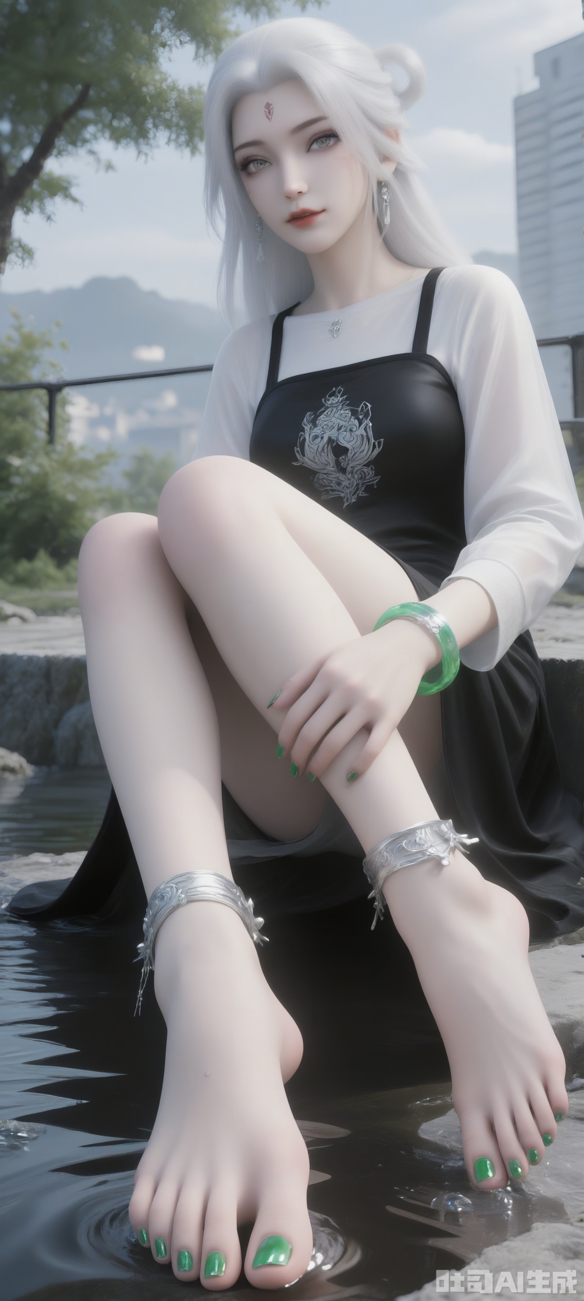She sat on a huge leaf. Her toes were painted with green nail polish, adding a touch of color to her feet. Her white hair eyes were crimson. She wore a white long-sleeved shirt with green bracelets and a pair of swaying earrings. Her left hand is placed above her left foot and her right hand is placed on her right foot. The background is a white building with a blackboard on the wall, dotted with water droplets, adding a sense of layering to the picture.