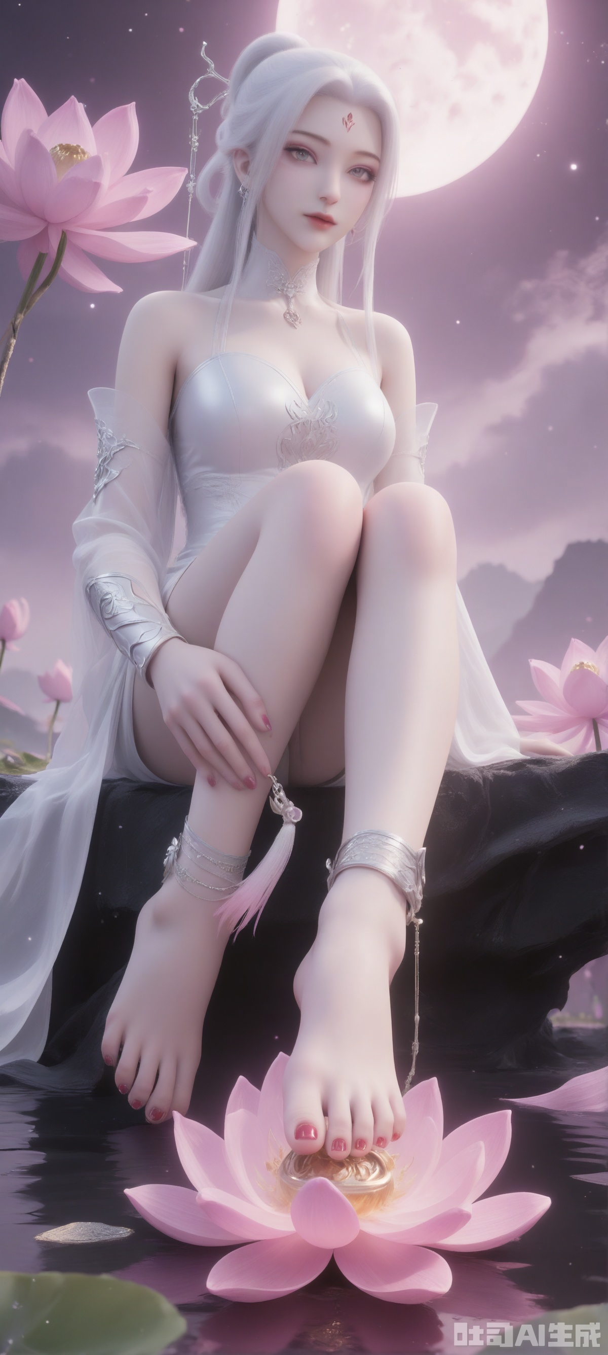 A digital artwork depicts a slim, fair-skinned woman with long white hair and tied into a ponytail. Her skirt has delicate lace details and a deep V-neck. Her left arm was wearing a huge and gorgeous handguard. She held a pink lotus in her right hand. She sat barefoot on a pink lotus, lifting one foot to reveal the soles of her feet, and there were accessories on her feet.
