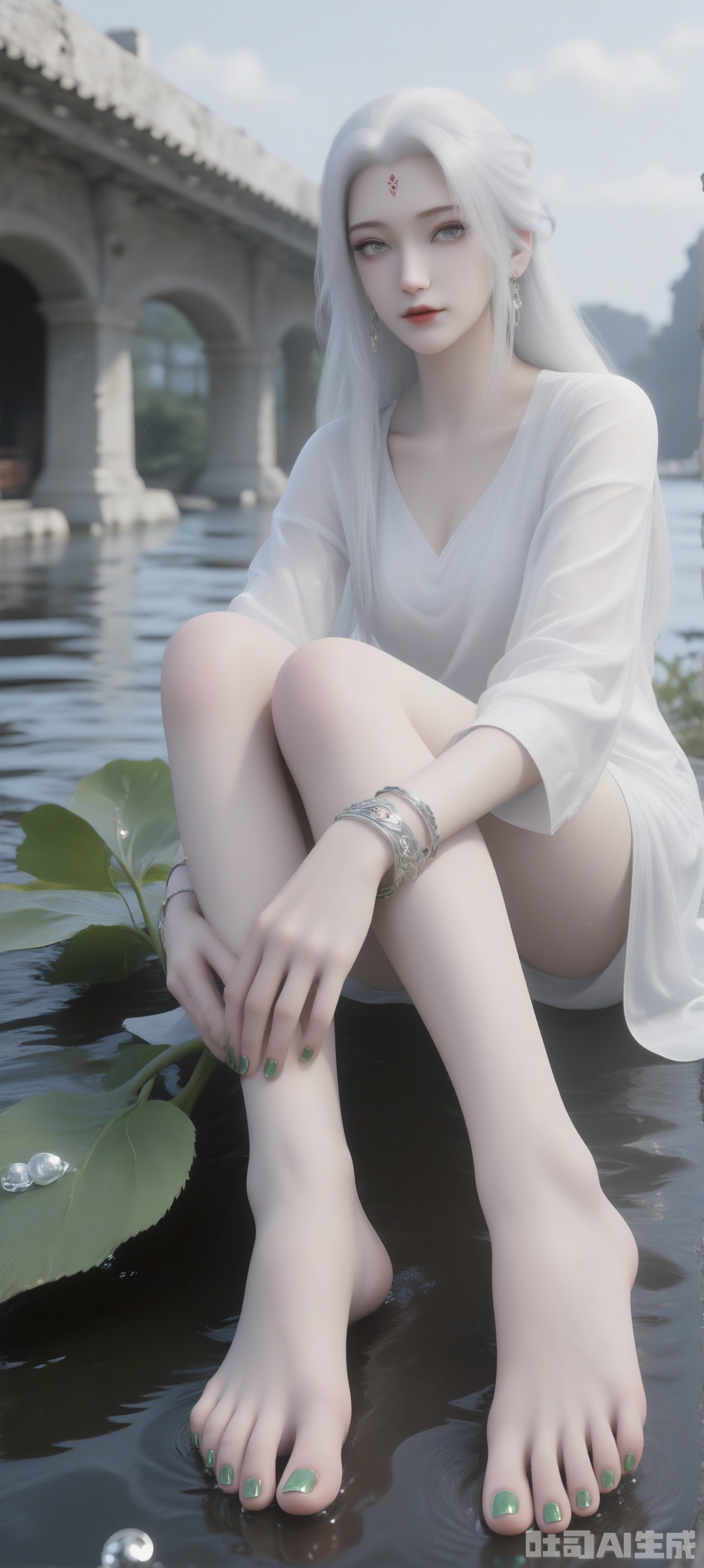 She sat on a huge leaf. Her toes were painted with green nail polish, adding a touch of color to her feet. Her white hair eyes were crimson. She wore a white long-sleeved shirt with green bracelets and a pair of swaying earrings. Her left hand is placed above her left foot and her right hand is placed on her right foot. The background is a white building with a blackboard on the wall, dotted with water droplets, adding a sense of layering to the picture.